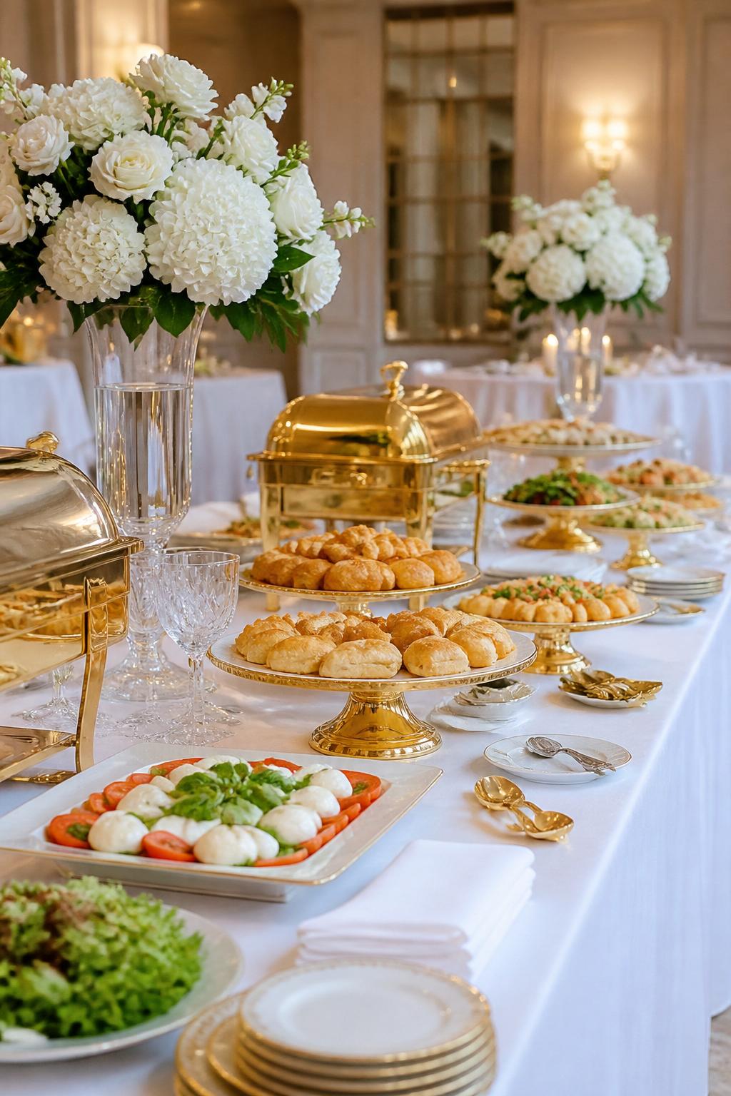 Image Prompt:
An elegant wedding buffet table photo featuring crisp white linen, gold serving trays, gold-rimmed platters, white floral arrangements, clear glassware, polished serving utensils, and soft warm lighting. The setup feels classy and clean in a hotel or ballroom reception space, no visible faces, no text, no watermark, realistic DSLR editorial image.