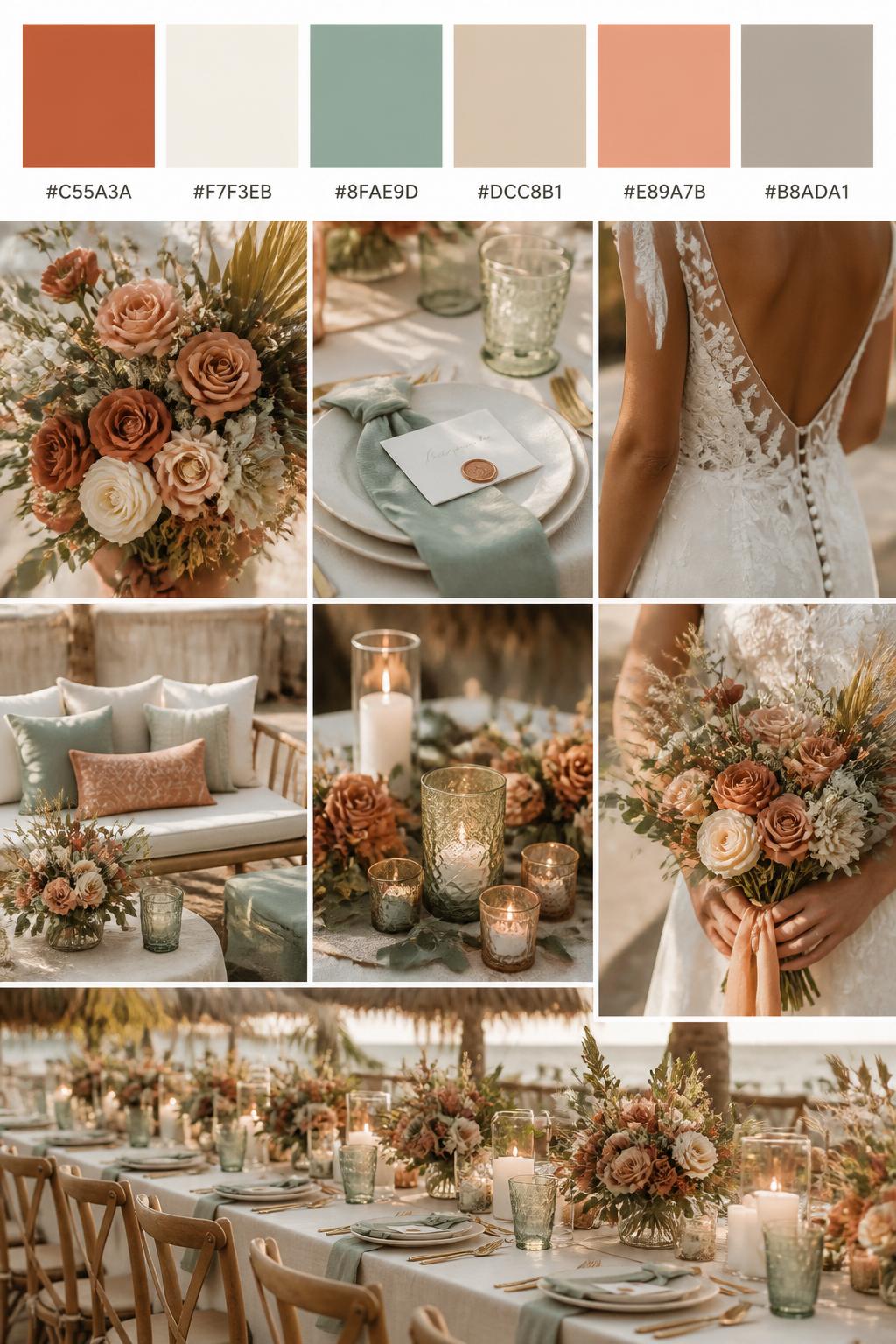 A realistic beach wedding palette board featuring a top row of color swatches and hex codes in terracotta, ivory, sea glass green, warm sand, muted peach, and soft taupe. Below, show a warm collage of wedding visuals: terracotta flowers, ivory linens, sea glass accents, cream place settings, candlelit centerpieces, cropped dress detail shots, bouquet styling in hands-only composition, and no-people reception tables glowing in warm coastal light. Avoid showing faces by using back angles, side crops, waist-up detail framing, and no-people scenes. The collage should feel earthy, coastal, and romantic with DSLR-quality detail. 9:16 vertical format. (no watermarks on images)