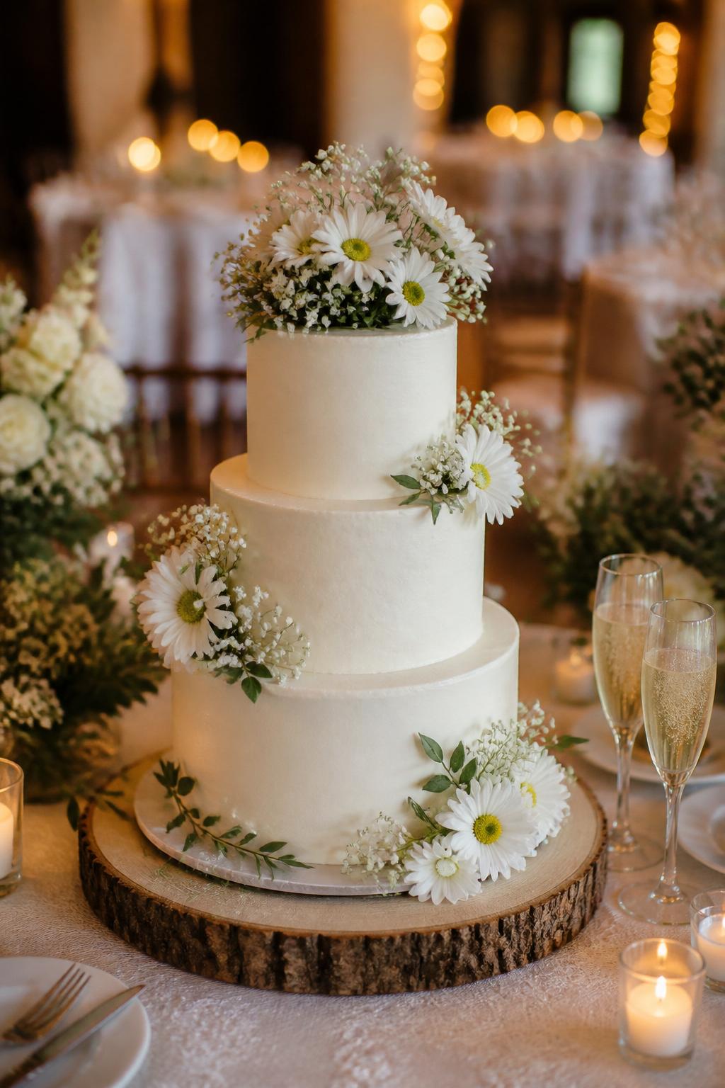 Image Prompt: Ultra-realistic wedding reception photo of a daisy and baby’s breath wedding cake with smooth white or ivory buttercream tiers, fresh white daisies, baby’s breath, and delicate greenery arranged beautifully around the cake. Place the cake on a styled wedding cake table with candles, fine linens, champagne glasses, floral centerpieces, and a softly blurred reception backdrop. Keep the cake as the clear focal point. No visible faces. If people appear, show only cropped hands, back views, side views, or neck-down figures. Realistic baby’s breath detail, fresh daisy petals, soft romantic DSLR lighting. (no watermarks on images)