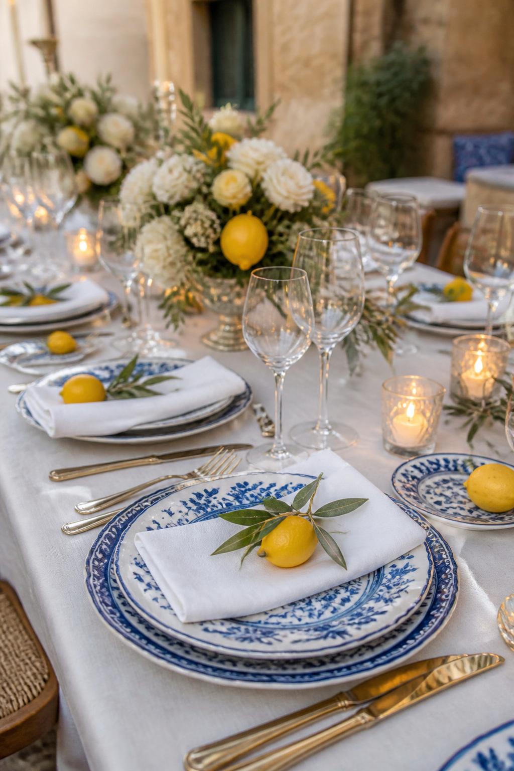 Image Prompt:
A close editorial wedding table photo focused on Italian-inspired blue and white ceramic plates, folded white linen napkins, gold flatware, clear wine glasses, small lemon accents, olive sprigs, and soft candlelight. Mediterranean villa reception setting, no visible faces, no text, no watermark, realistic professional wedding photography, (no watermarks on images)