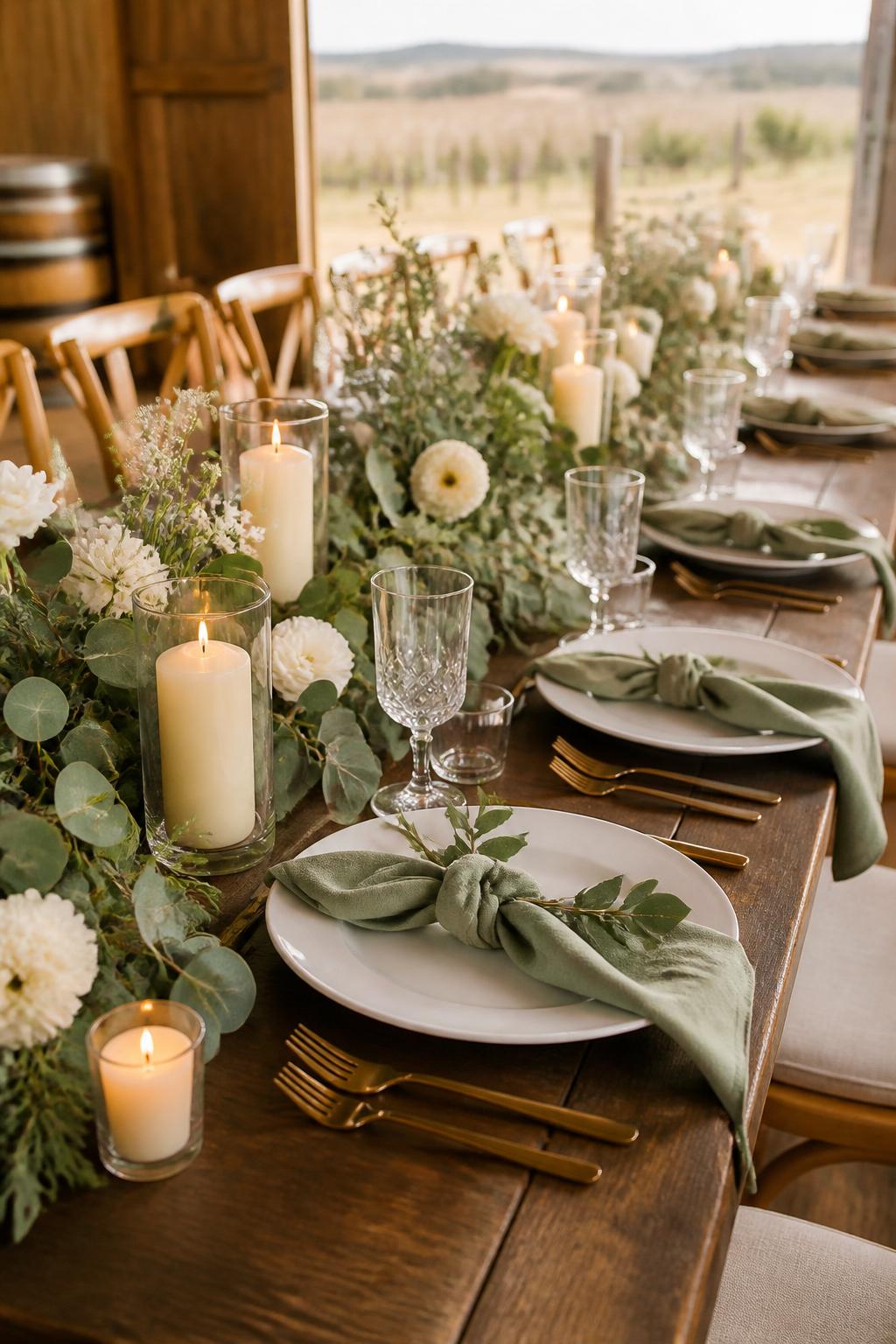 Image Prompt:
A warm rustic wedding table photo showing a wooden table styled with sage green linen napkins, white plates, clear glasses, soft white flowers, eucalyptus greenery, ivory candles, and gold flatware. Barn, vineyard, or countryside reception setting, no visible faces, no text, no watermark, realistic DSLR wedding photography, (no watermarks on images)