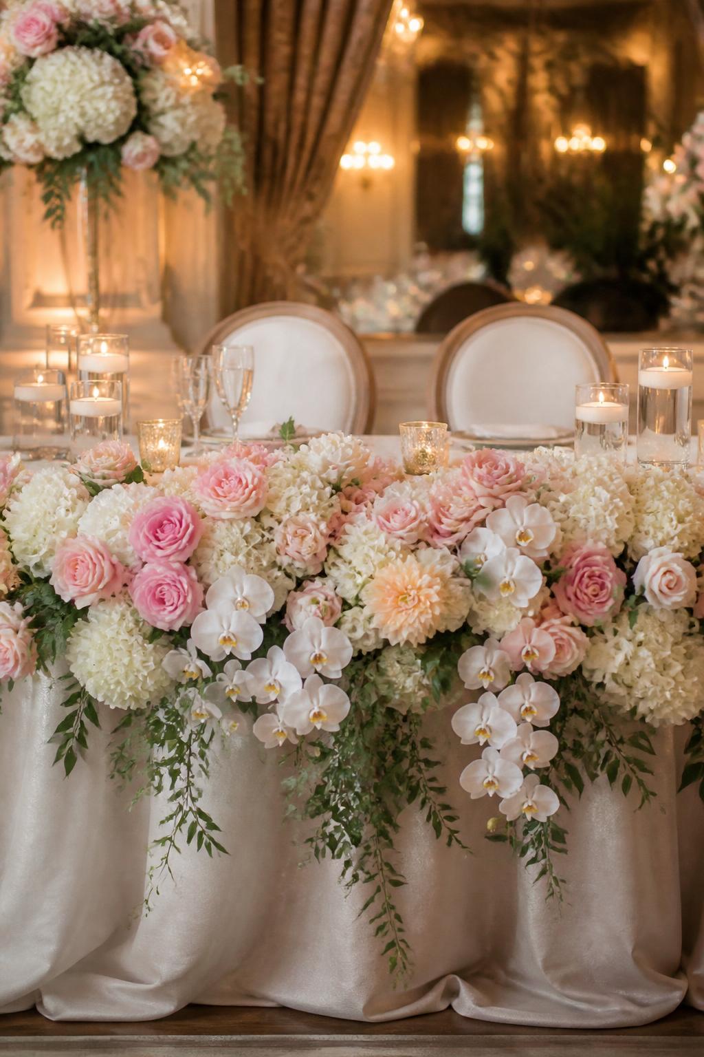 Image Prompt:
A romantic sweetheart table decorated with a full floral front using blush roses, ivory flowers, white orchids, soft peach blooms, and greenery. Add ivory linen, candles, elegant chairs, crystal glasses, and warm reception lighting. No visible faces, no full people, sweetheart table-focused composition, realistic DSLR wedding photography, no text, no watermark, (no watermarks on images)