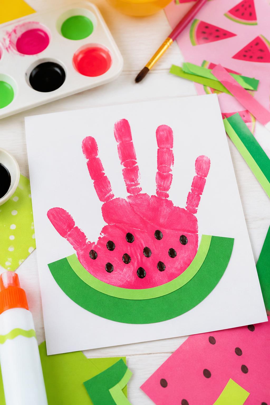 Detailed Image Prompt:
A cute summer fruit craft photo showing handprint watermelon slice art, pink painted handprint pressed onto white cardstock with green paper rind below, black painted seed dots, bright craft table with washable paint, paper strips, and glue nearby, cheerful fruit-themed summer style, no people, no faces, no readable text, no watermark on images.