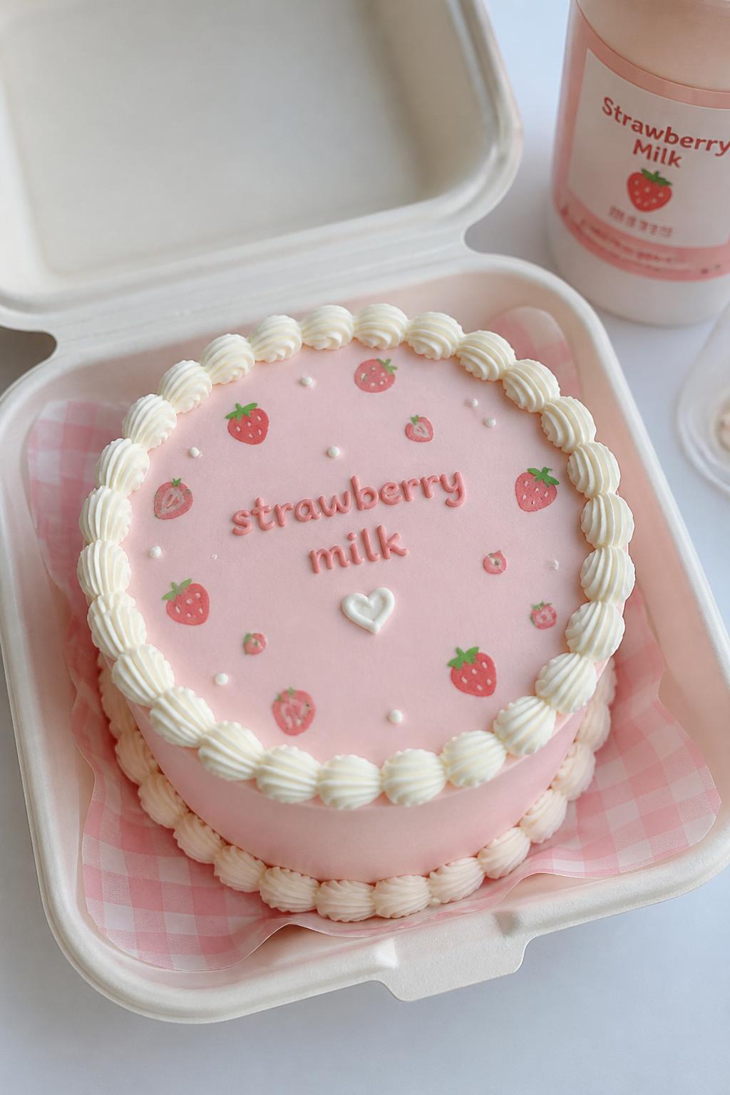 Image Prompt:
A cute strawberry milk inspired bento cake inside an open white cake box, soft pale strawberry pink frosting, tiny illustrated strawberries, white piped border, smooth glossy finish, playful pastel styling, bright natural light, realistic bakery style photography, no people, no hands, no faces, no watermarks on images