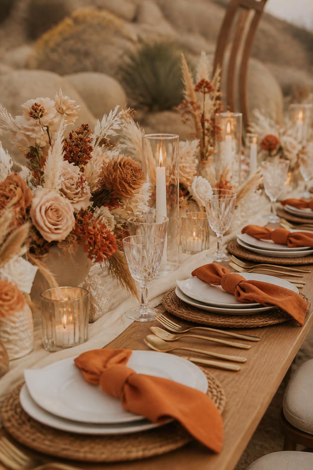 Image Prompt:
A warm editorial wedding reception photo showing a boho wedding table styled in beige and terracotta tones with terracotta napkins, dried flowers, beige roses, white plates, rattan chargers, gold flatware, and soft candlelight. Desert or outdoor boho wedding setting, no visible faces, no full people, no text, no watermark, realistic DSLR wedding photography, (no watermarks on images)