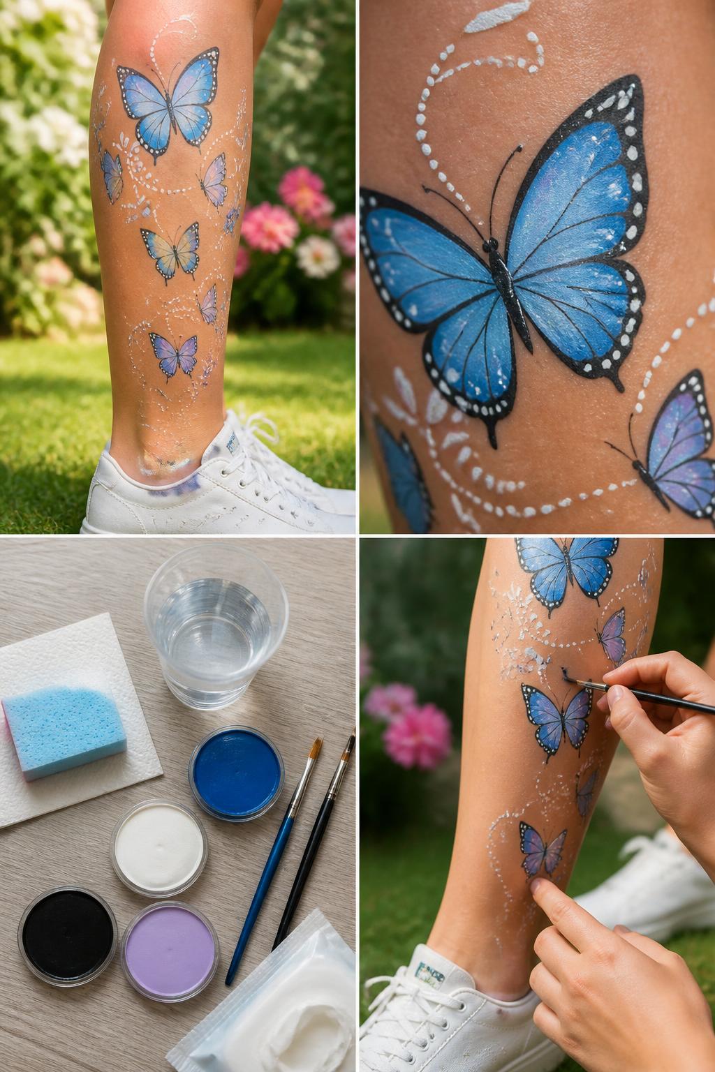 Detailed Image Prompt:
A realistic editorial 2x2 collage grid showing blue butterfly calf painting, top-left finished design with several blue butterflies and dotted flight trails on the side of the calf, top-right close-up of butterfly wing details, white dots, and soft shading, bottom-left flat lay of skin-safe blue, white, black, and pale purple body paint, fine brushes, sponge, wipes, and water cup, bottom-right cropped hands painting butterfly wing details on the lower leg, bright garden summer setting, no faces, no text, no watermark on images.