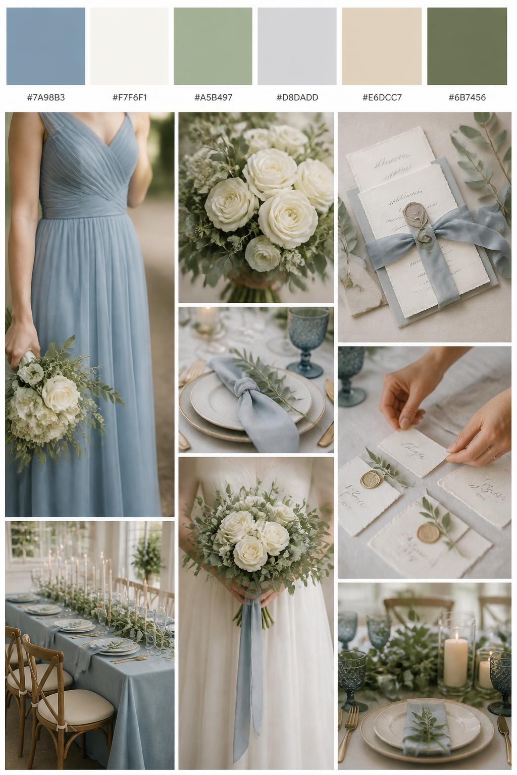 A realistic blue wedding color palette mood board in a Pinterest-style collage layout. Add a top row of clean color swatches with small hex codes in dusty blue, ivory, sage green, pale gray, soft beige, and muted olive. Below the swatches, create a polished collage of wedding details: dusty blue bridesmaid dress fabric cropped from the neck down, ivory roses, sage greenery, soft table linens, elegant stationery with silk ribbon, a bouquet held at waist level with no face visible, hands adjusting place cards, and a no-people reception table scene. Use side views, back views, cropped detail shots, hands-only styling, and no-people scenes to avoid showing faces. Soft natural light, DSLR-style realism, 9:16 vertical format. No extra text except small hex codes on the palette strip. (no watermarks on images)