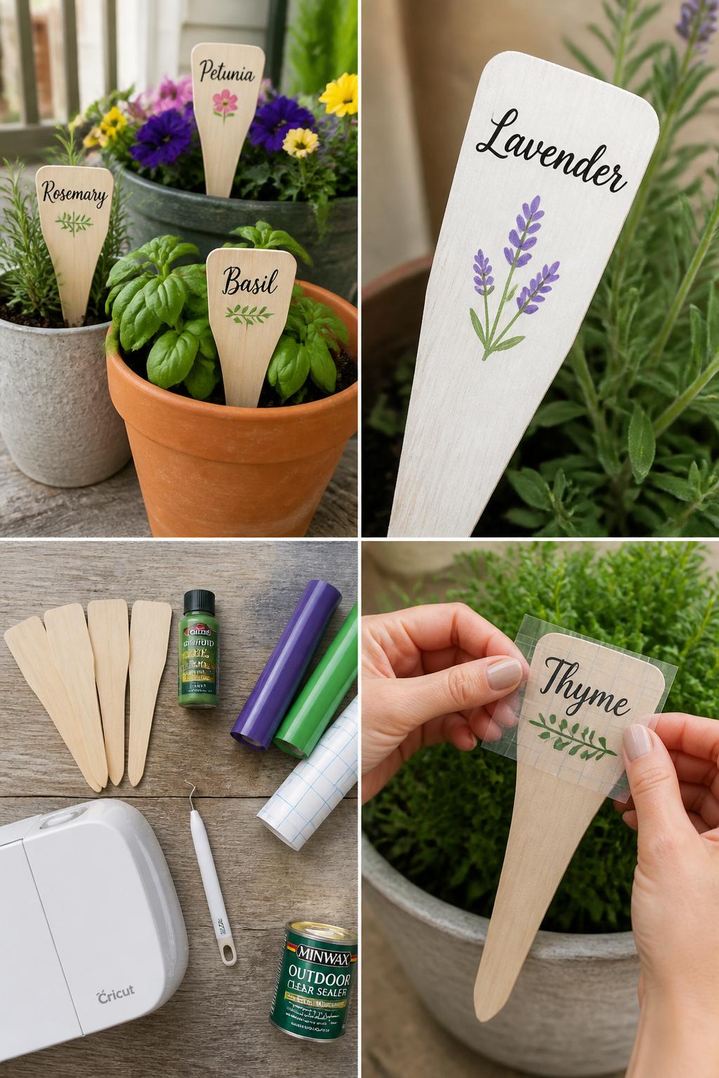 Detailed Image Prompt:
A realistic editorial 2x2 collage grid showing beginner Cricut porch plant marker labels, top-left finished wooden plant stakes with vinyl herb and flower labels placed in porch pots, top-right close-up of vinyl label on painted wood stake, bottom-left flat lay of small wooden stakes, outdoor paint, permanent vinyl, transfer tape, Cricut machine, weeding tool, and sealer, bottom-right cropped hands applying a vinyl label to a plant marker, sunny porch garden craft setting, no faces, no text except simple plant labels, no watermark on images.