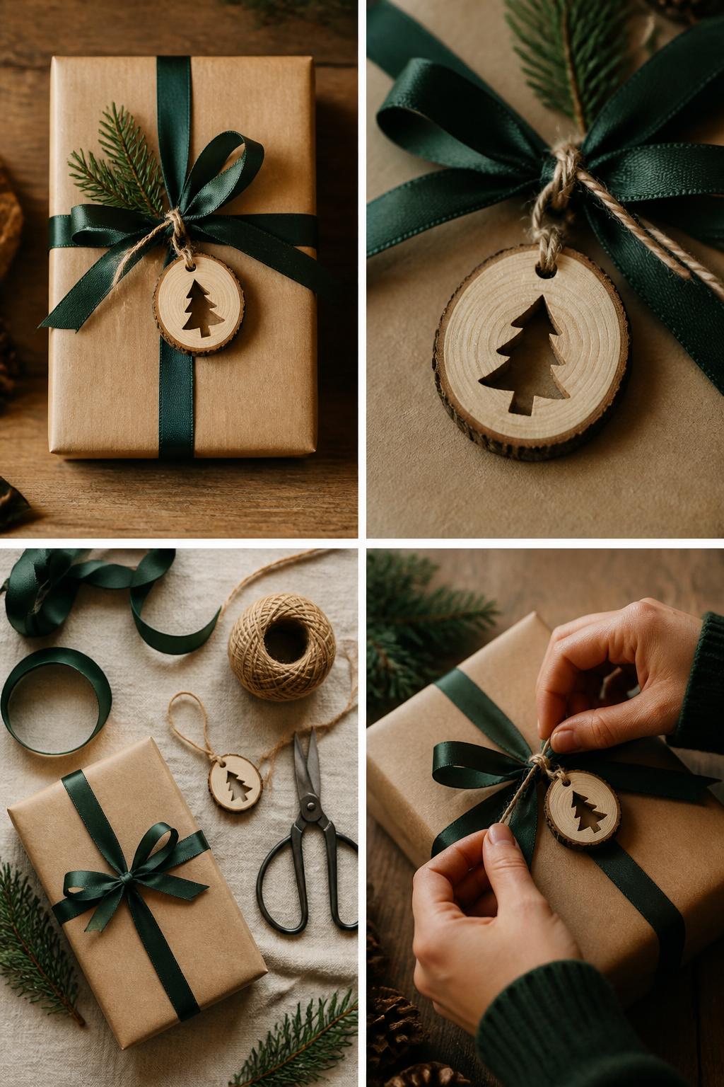 Detailed Image Prompt:
A realistic editorial 2x2 collage grid showing gift wrap with a keepsake topper, top-left finished kraft paper gift with ribbon and a small wooden ornament tied on top, top-right close-up of keepsake charm, ribbon knot, and paper texture, bottom-left flat lay of wrapped gift, ribbon, small ornament, charm, greenery, scissors, and twine, bottom-right cropped hands tying a small keepsake onto the gift ribbon, thoughtful gift wrapping craft table, no faces, no text, no watermark on images.