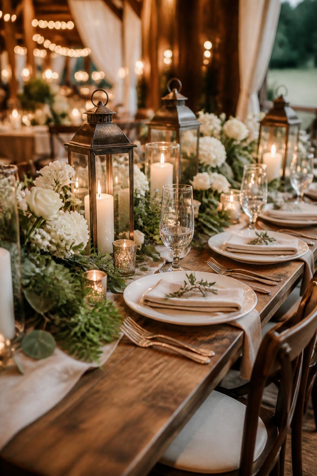 Image Prompt:
A charming rustic wedding table styled with antique brown or bronze lanterns, ivory candles, white flowers, greenery, linen napkins, white plates, and clear glassware on a wooden table. Barn or countryside wedding reception setting with warm evening light, no visible faces, no text, no watermark, realistic DSLR editorial photography, (no watermarks on images)