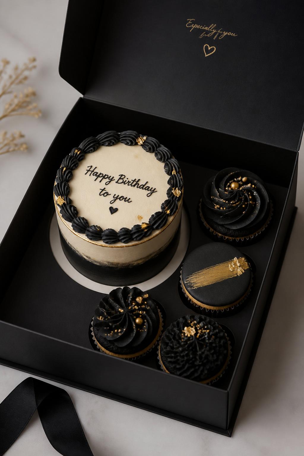 Image Prompt:
An elegant black and gold bento cake with cupcakes set inside an open black bakery gift box, one small ivory bento cake with black piped border, subtle gold accents, and classy handwritten text, surrounded by four matching cupcakes with black frosting details and soft gold sprinkles, sleek modern dessert styling, soft studio light, realistic editorial bakery photography, no people, no hands, no faces, no watermarks on images