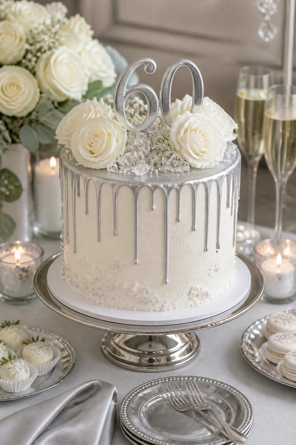 Image Prompt: A modern diamond wedding anniversary cake with smooth white buttercream, a neat metallic silver drip, edible sugar crystals, white roses, pearl sprinkles, and a tasteful “60” topper. Style it on a polished dessert table with silver dessert plates, candles, champagne glasses, and soft neutral florals. Make it modern, pretty, and realistic, no people, no faces, no watermark. (no watermarks on images)
