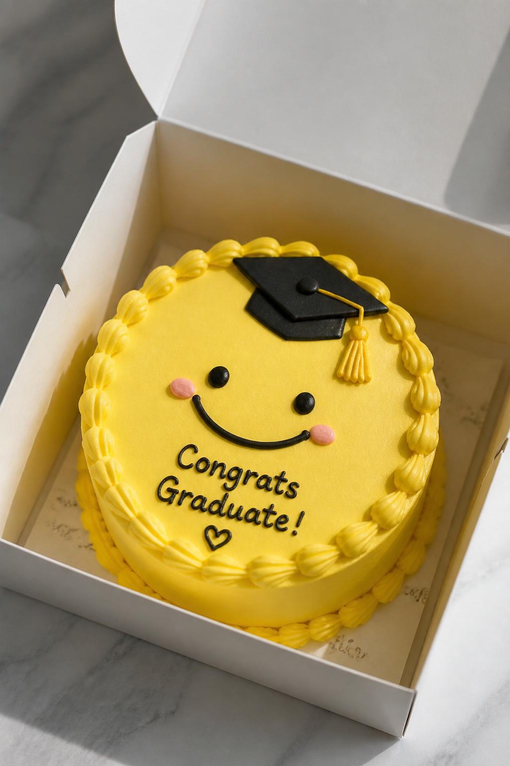 Image Prompt:
A cute playful graduation bento cake inside an open white cake box, bright yellow frosting, simple smiley face design wearing a tiny graduation cap, neat piped border, short graduation message, cheerful modern dessert styling, bright natural light, realistic close-up bakery photography, no people, no hands, no faces, (no watermarks on images)