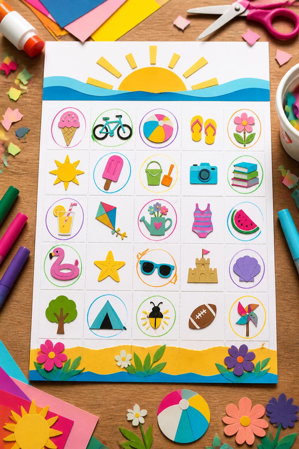 Detailed Image Prompt:
A colorful kids’ craft photo showing a completed summer bucket list collage, cardstock filled with tiny paper icons like ice cream, bikes, flowers, beach balls, books, pool floats, lemonade cups, and suns, some icons checked with colorful marker circles, glue sticks and paper scraps nearby, bright end-of-summer reflection theme, no faces, no readable text, no watermark on images.