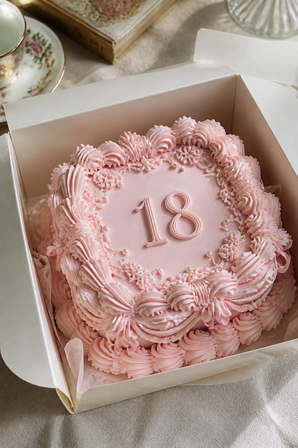 Image Prompt:
A vintage style 18th birthday bento cake inside an open white cake box, blush pink frosting, detailed shell borders, ruffle piping, delicate swirls, large “18” written in the center, tiny pearl sprinkles, romantic retro bakery styling, soft table setting, realistic close-up dessert photography, no people, no hands, no faces, no watermarks on images