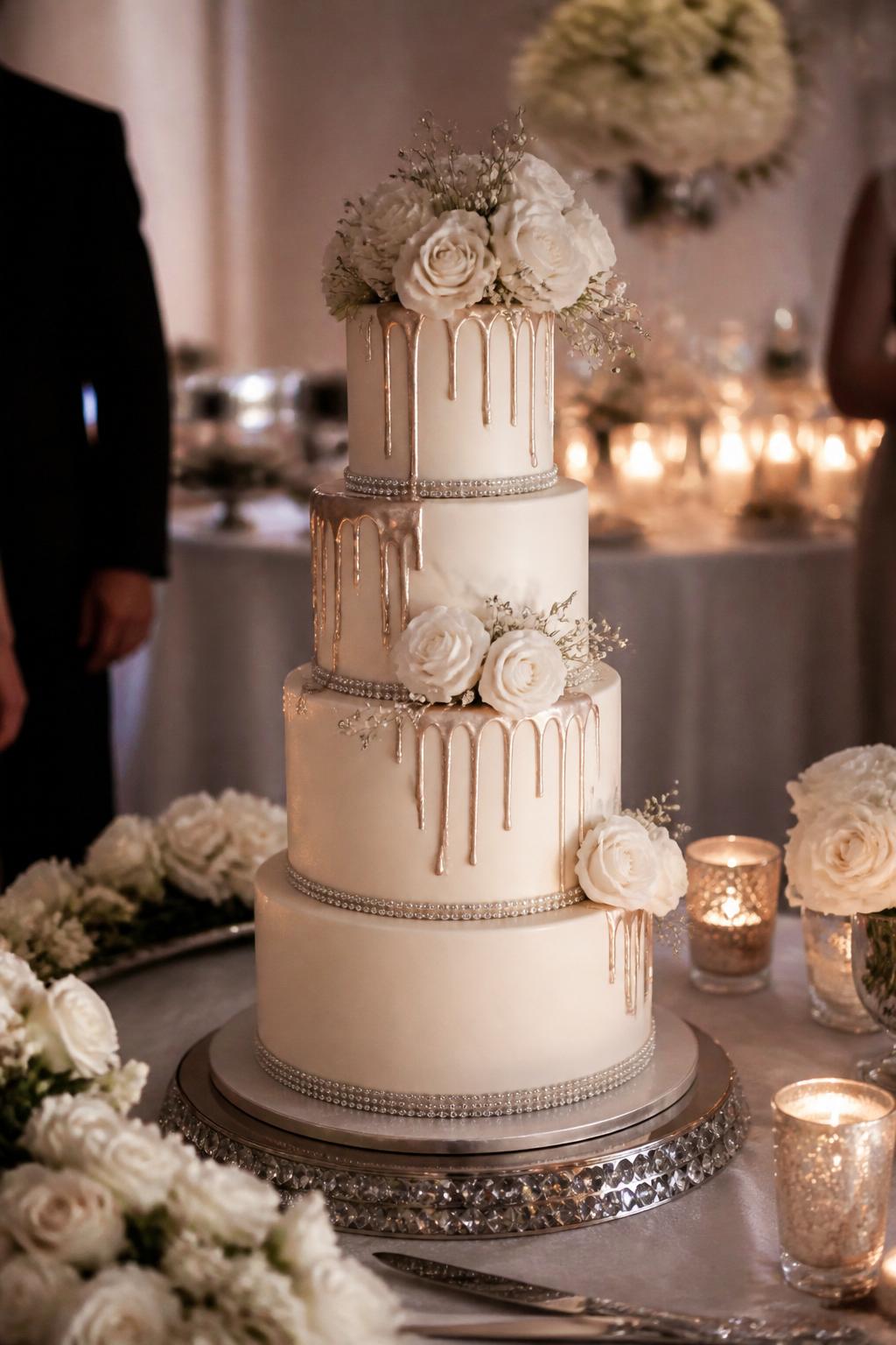 Image Prompt: Ultra-realistic wedding reception image featuring a stylish drip and crystal wedding cake with white or ivory tiers, a soft metallic drip effect, and elegant crystal or rhinestone embellishments. Place the cake in a real wedding party setting with reception decor, candles, florals, and a dressed dessert table. The design should look polished and believable, not overdone. No visible faces. If guests appear, show only cropped-from-neck figures, hands, or soft back views. Editorial wedding photography, ultra-realistic, high detail, beautiful natural light. (no watermarks on images)