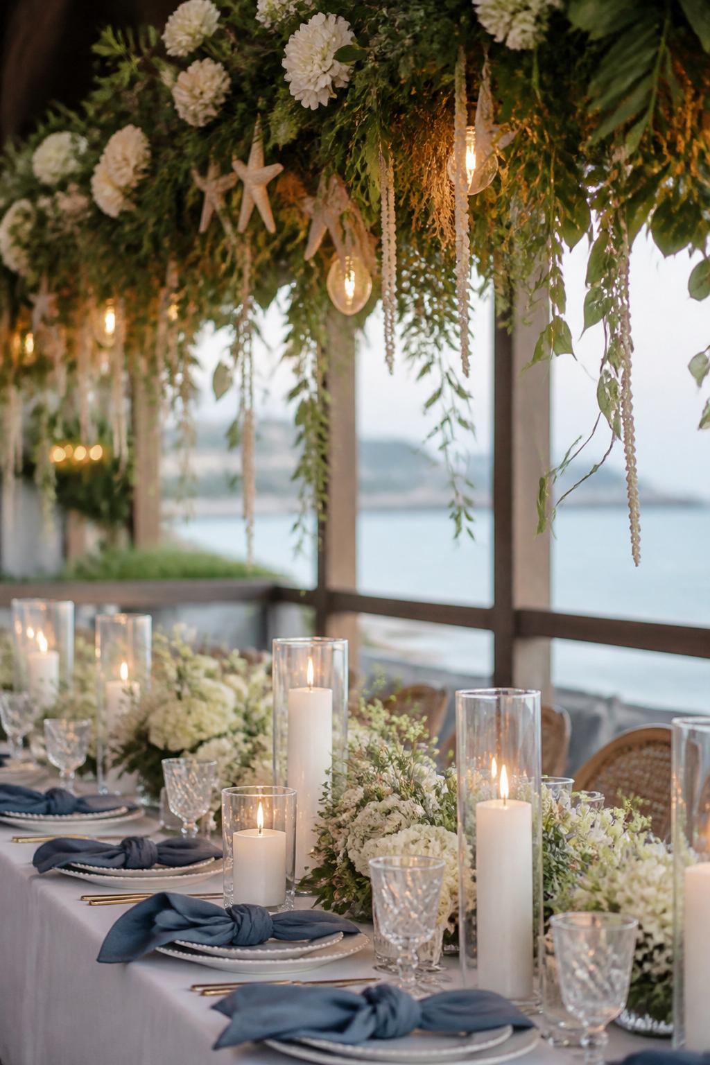 Image Prompt:
A dreamy editorial coastal wedding reception photo showing a long table beneath a hanging greenery installation with white flowers, soft vines, delicate shell-inspired accents, and warm lights. The table below has white linen, blue napkins, candles in glass holders, crystal glasses, and elegant place settings. No visible faces, no full people, table and hanging greenery focused, no text, no watermark, realistic DSLR wedding photography, (no watermarks on images)