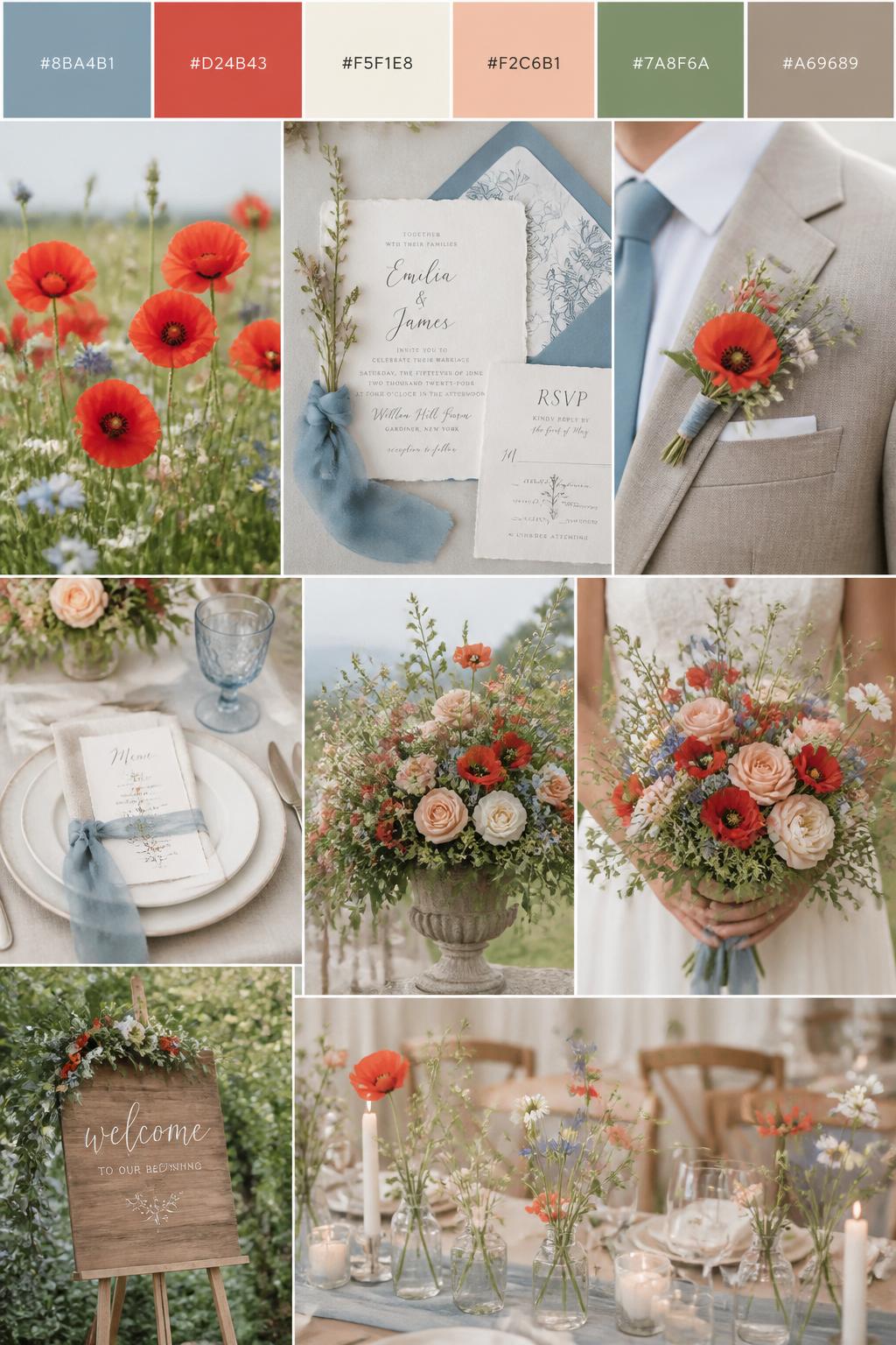 A realistic wedding mood board with a top color strip showing small hex codes in dusty blue, poppy red, cream, soft peach, muted green, and warm taupe. Below, show a wildflower-inspired collage with red poppies, soft blue ribbon, cream table settings, garden florals in loose arrangements, rustic invitation cards, a cropped groom suit detail with boutonniere and no face visible, hands holding a colorful bouquet, and no-people reception decor with wildflowers in small glass vases. Keep the layout polished, natural, romantic, and realistic like a Pinterest wedding color board. Avoid full faces with back views, side angles, and detail-only shots. 9:16 vertical format. (no watermarks on images)