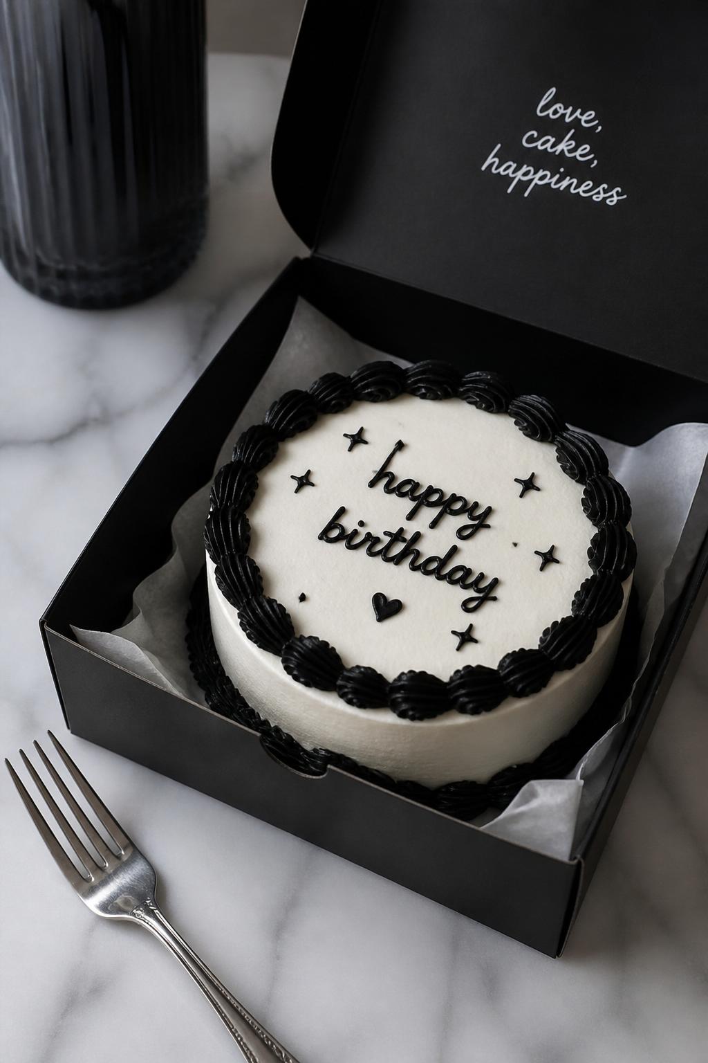 Image Prompt:
A stylish black and white bento birthday cake in an open black cake box, smooth white frosting, black piped border, modern handwritten birthday text, tiny star accents, sleek minimal styling, silver fork nearby, soft studio light, realistic editorial dessert photography, no people, no hands, no faces, no watermarks on images