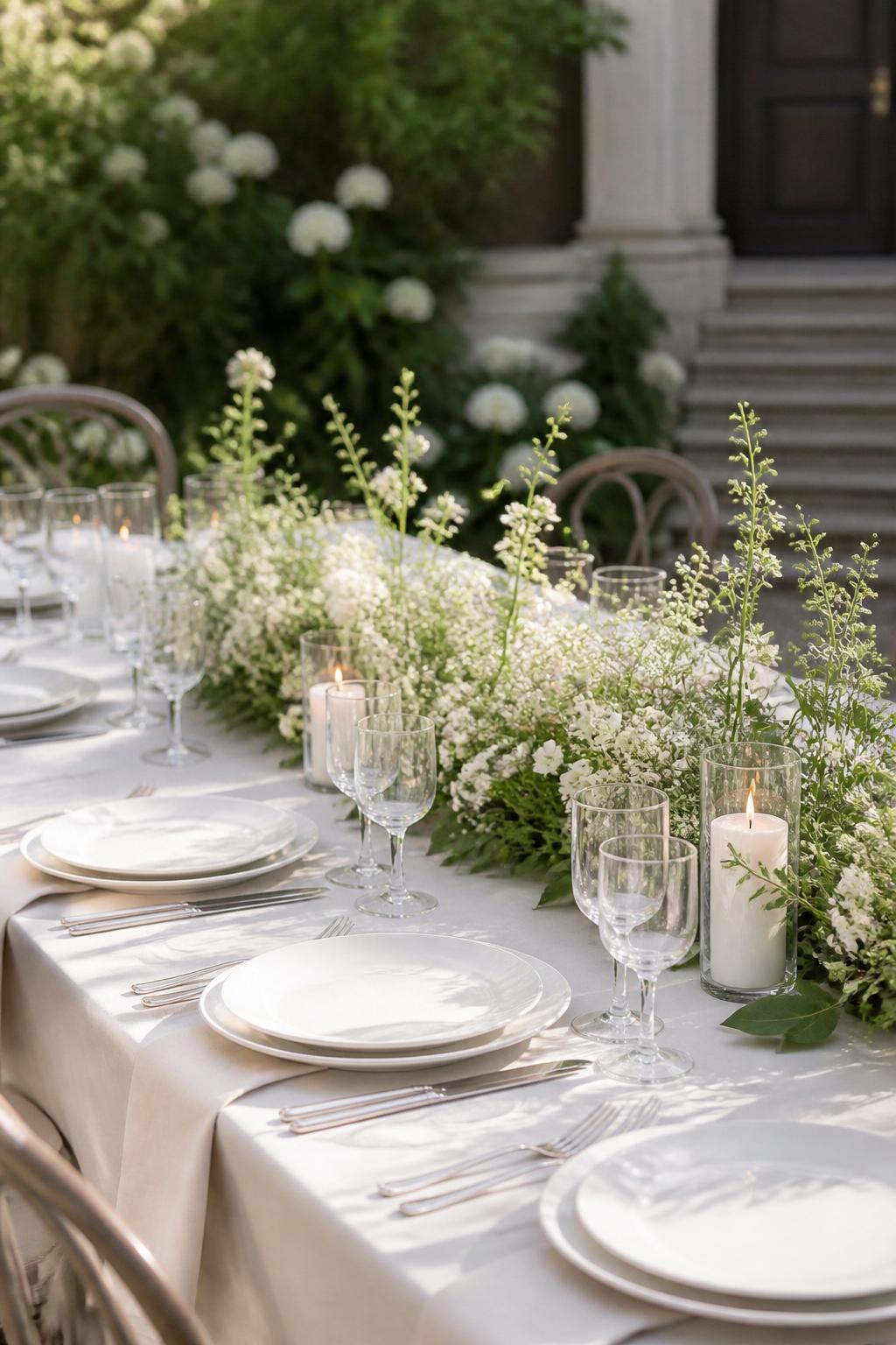 Image Prompt:
A fresh civil wedding table decorated with small white flowers, soft greenery, white plates, clear glassware, ivory linen napkins, and simple candles. The setting is a tiny garden reception or outdoor courthouse lunch with soft daylight, no visible faces, no text, no watermark, realistic editorial wedding photography, (no watermarks on images)