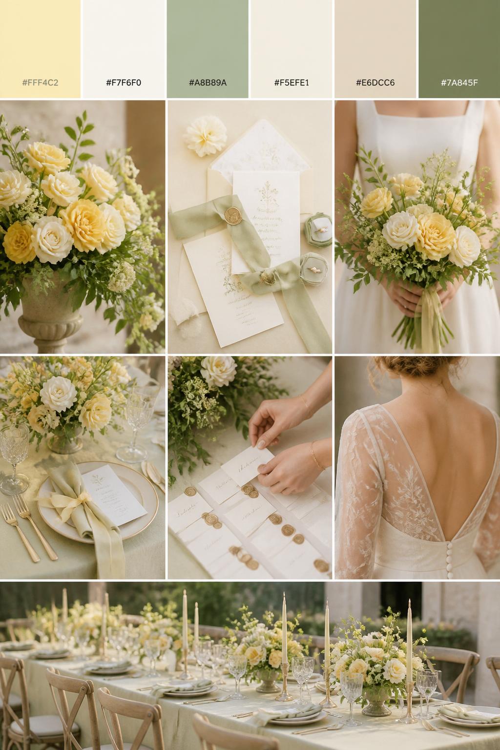 Image Prompt:
A realistic yellow wedding color palette mood board in a Pinterest-style collage layout. Add a top row of clean color swatches with small hex codes in butter yellow, ivory, sage green, pale cream, warm beige, and muted olive. Below the swatches, create a polished collage of wedding details: butter yellow flowers, ivory roses, sage greenery, soft table linens, elegant stationery with silk ribbon, a bouquet held at waist level with no face visible, hands adjusting place cards, a back-view bridal detail, and a no-people reception table scene. Use side views, back views, cropped-from-neck detail shots, hands-only styling, and no-people scenes to avoid showing faces. Soft natural light, romantic wedding styling, DSLR-style realism, 9:16 vertical format. No extra text except small hex codes on the palette strip. (no watermarks on images)