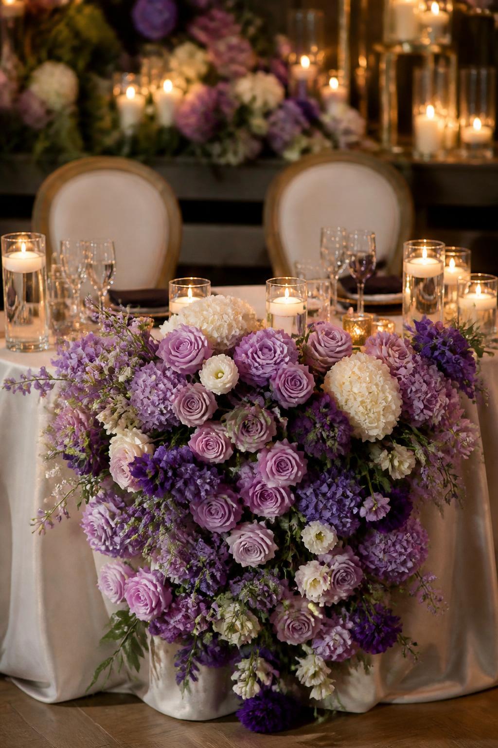 Image Prompt:
A romantic sweetheart table decorated with a full purple floral front using lavender roses, lilac flowers, ivory blooms, plum accents, and greenery. Add ivory linen, candles, elegant chairs, crystal glasses, and warm reception lighting. No visible faces, no full people, sweetheart table-focused composition, realistic DSLR wedding photography, no text, no watermark, (no watermarks on images)
