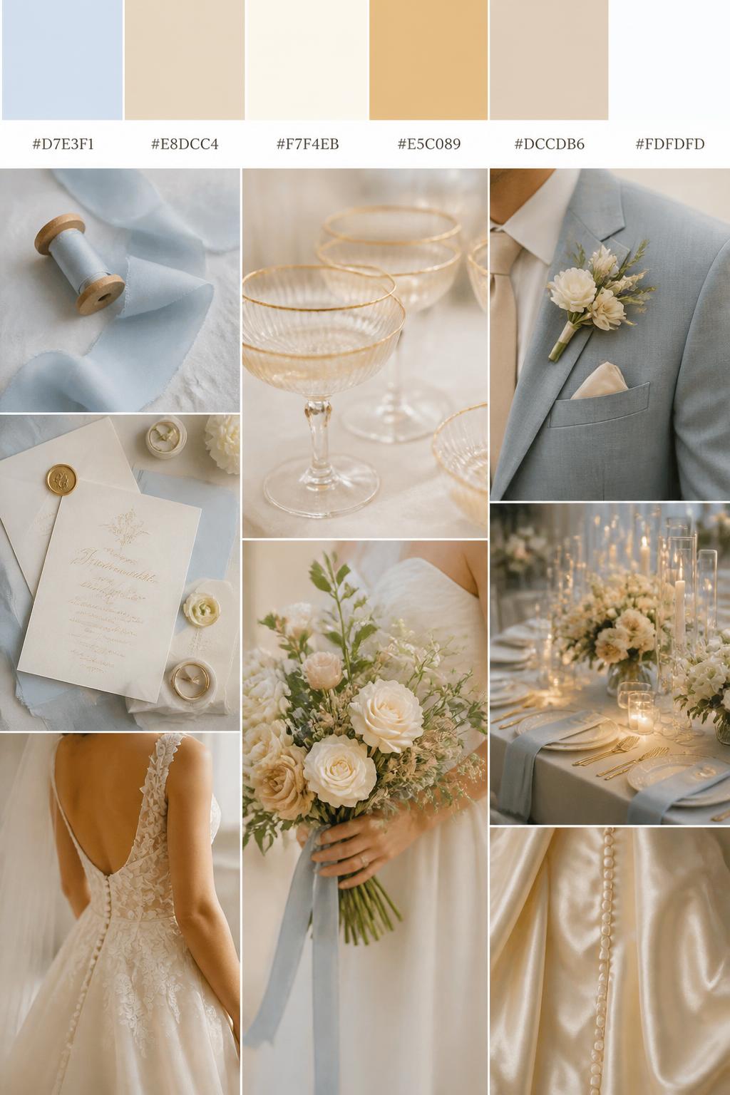 A realistic wedding palette board with a top row of color swatches and hex codes in pale blue, champagne, ivory, soft gold, warm beige, and pearl white. Below, show a polished collage of pale blue ribbon, champagne glassware, ivory flowers, elegant paper goods, a groom suit detail with boutonniere and no visible face, cropped dress shots, bouquet styling in hands-only composition, and a romantic reception table. Use no full faces, with side crops, back views, and no-people decor shots for variety. The mood should feel soft, refined, and romantic with true-to-life DSLR quality. 9:16 vertical format. (no watermarks on images)