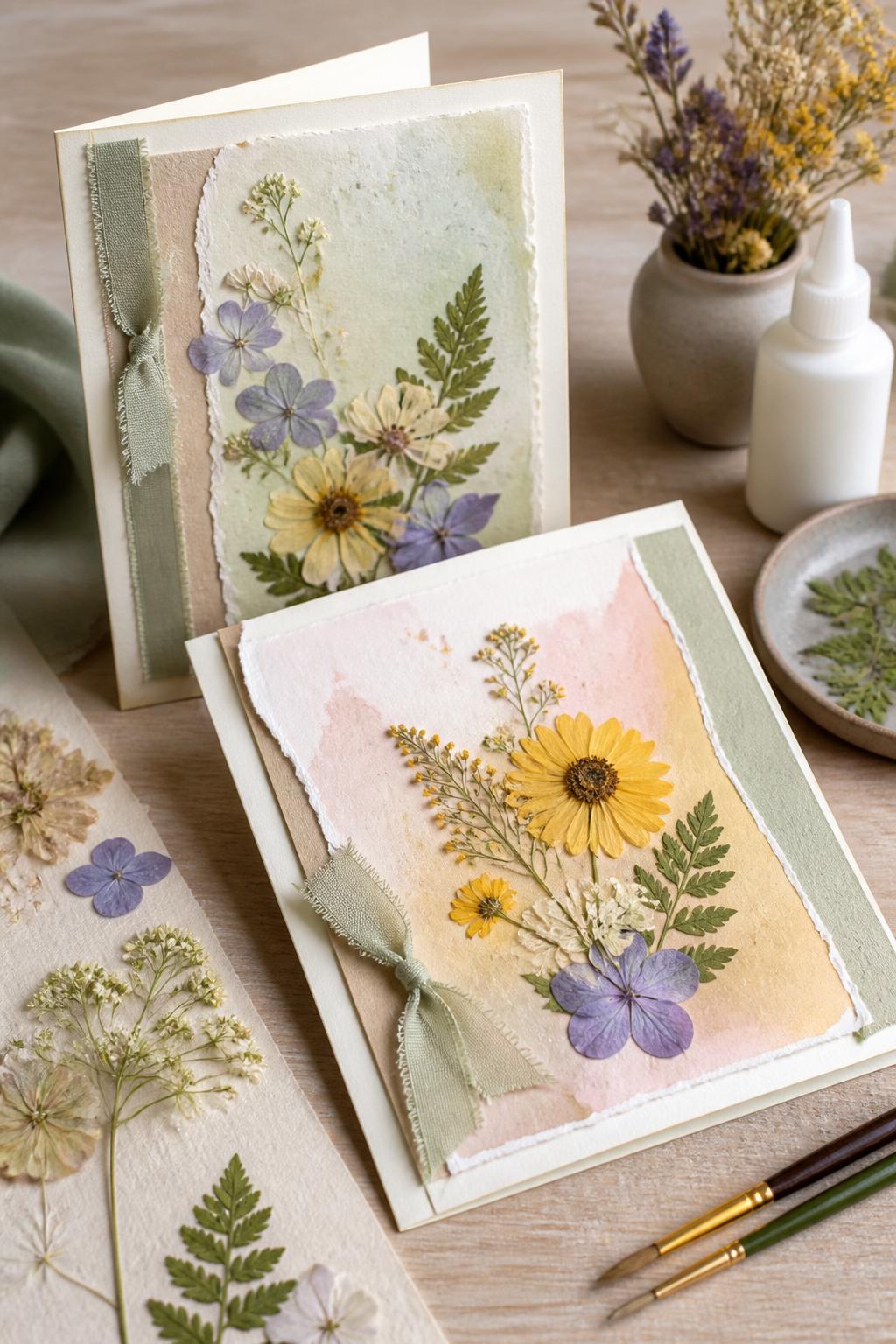Detailed Image Prompt:
A soft nature craft photo showing handmade pressed flower goodbye summer cards, folded cardstock cards decorated with small pressed flowers, green leaves, soft watercolor backgrounds, ribbon pieces, and gentle paper borders, placed on a light wood table with glue, dried flowers, and paintbrushes nearby, calm end-of-summer style, no people, no faces, no readable text, no watermark on images.