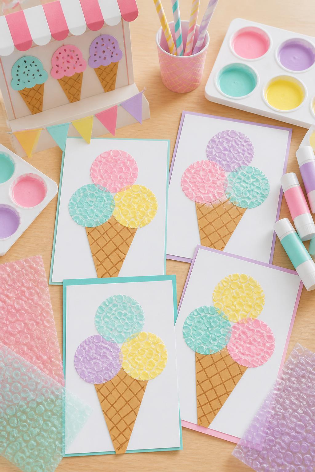 Detailed Image Prompt:
A cute daycare craft image showing bubble wrap ice cream paintings, paper cones topped with bubble wrap stamped scoops in pastel pink, mint, yellow, and lavender, washable paint trays, bubble wrap pieces, and glue sticks nearby, playful ice cream shop summer theme, clean craft table, no children, no faces, no readable text, no watermark on images.
