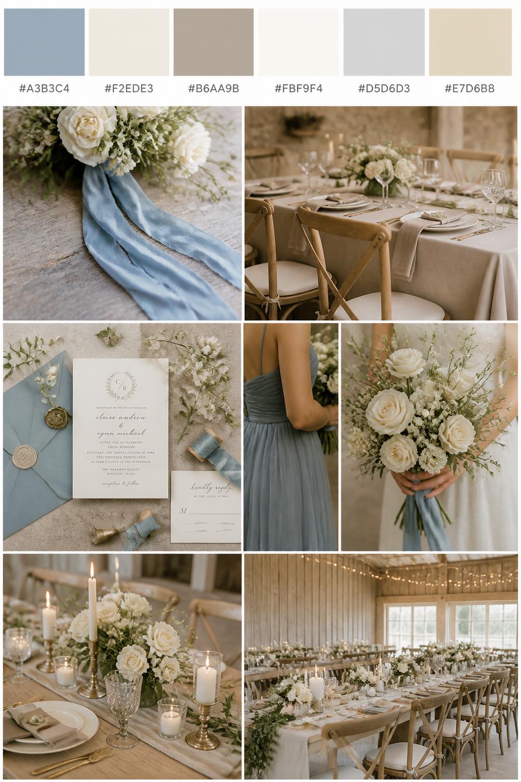 A realistic country wedding mood board with a top strip of color swatches and small hex codes in dusty blue, cream, taupe, ivory, soft gray, and warm beige. Below, show a romantic collage of wedding details: dusty blue ribbon, cream flowers, taupe table linens, wooden chairs, simple candles, invitation flat lays, a cropped bridesmaid dress detail from the neck down, hands holding a bouquet, and a no-people country reception table with soft floral styling. Keep the collage polished, soft, and natural with DSLR-style realism. Use no clear faces, with side angles, back views, detail-only shots, and no-people scenes. 9:16 vertical format. (no watermarks on images)