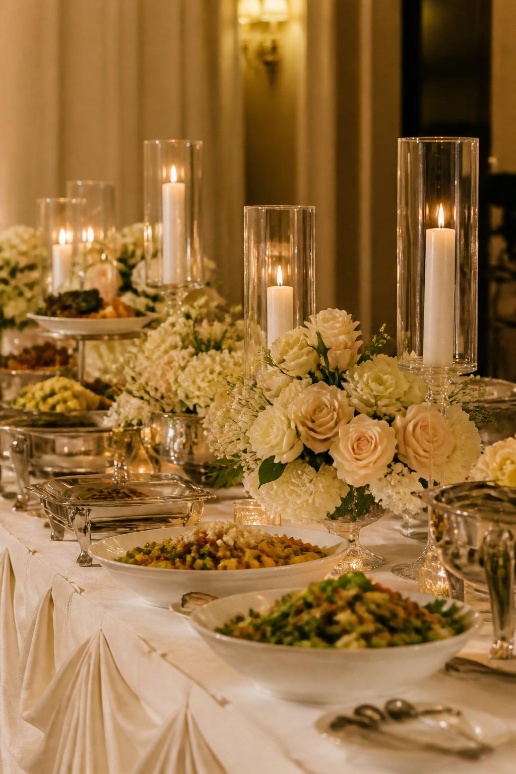 Image Prompt:
A romantic wedding buffet table styled with elegant serving dishes, ivory linen, low floral arrangements, and candles placed in tall clear glass hurricane holders safely away from the food. Warm evening reception lighting, refined indoor venue, no visible faces, no text, no watermark, realistic editorial wedding photography.