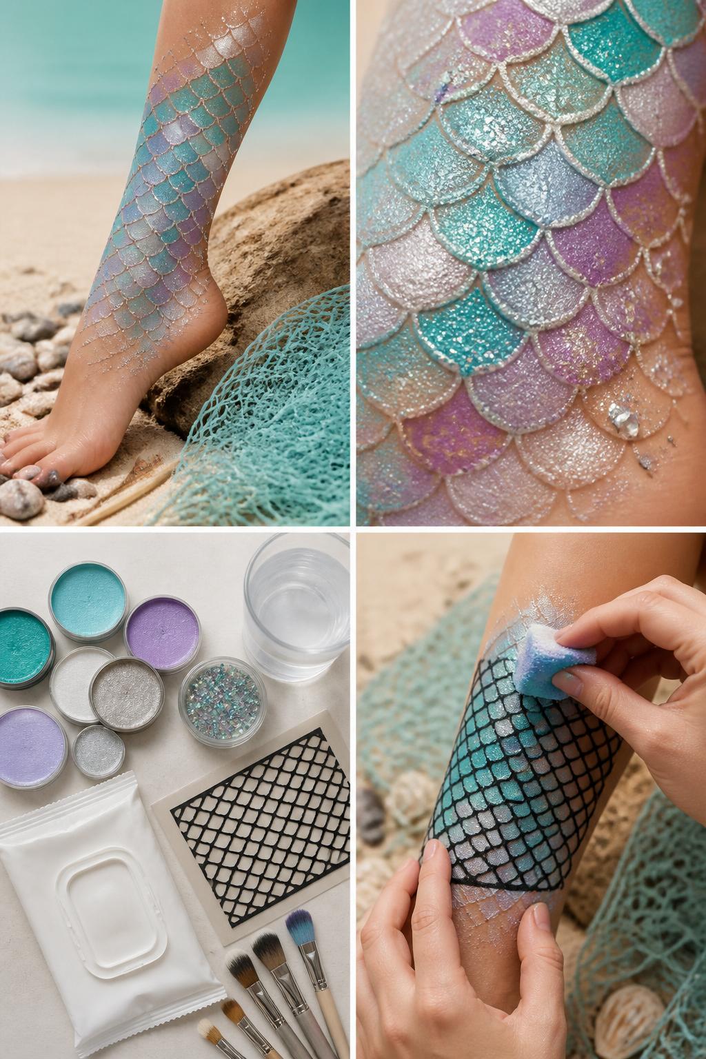 Detailed Image Prompt:
A realistic editorial 2x2 collage grid showing mermaid scale leg painting, top-left finished lower-leg design with teal, aqua, lavender, pearl white, and silver scale pattern around the calf and ankle, top-right close-up of layered scale shapes and shimmer details, bottom-left flat lay of skin-safe body paint, cosmetic glitter gel, fishnet stencil, sponge, brushes, wipes, and water cup, bottom-right cropped hands dabbing paint through a fishnet stencil on the calf, coastal summer craft styling, no faces, no text, no watermark on images.