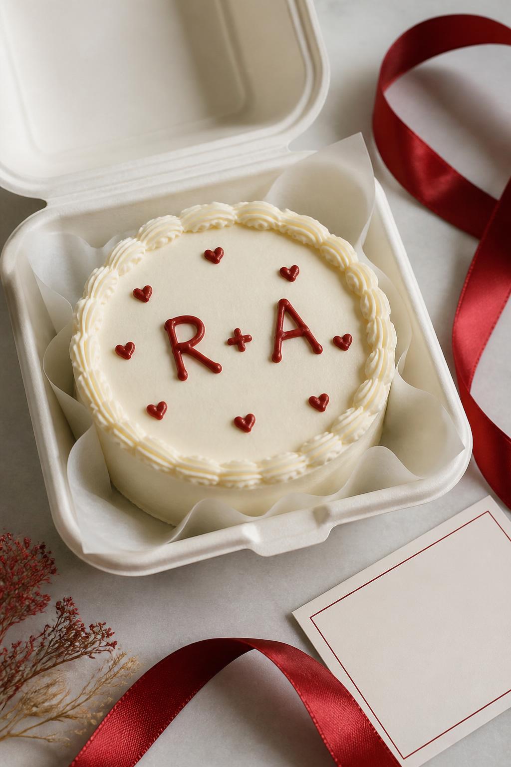 Image Prompt:
A personalized couple initials bento cake for boyfriend, smooth cream frosting, two initials written in neat red icing with a small plus sign between them, tiny hearts around the initials, soft scalloped border, placed inside a white bento cake box, romantic gift styling with ribbon and small blank card nearby, close-up realistic bakery photography, no people, no hands, no faces, no watermarks on images
