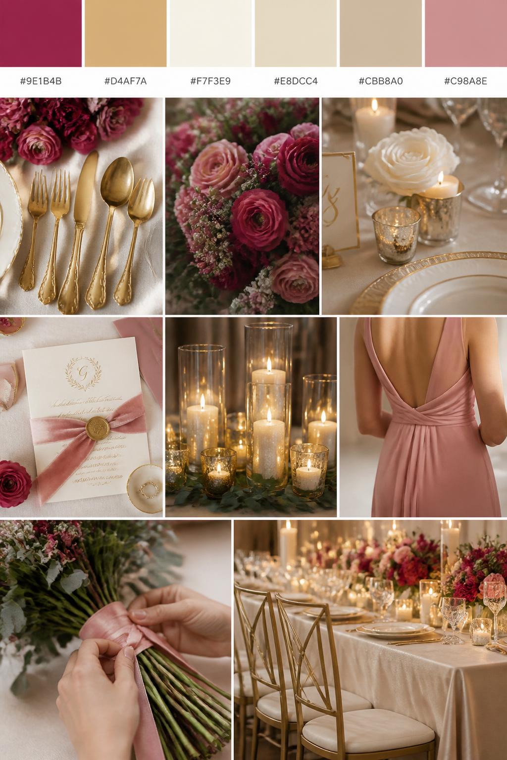 A realistic wedding inspiration mood board with a top row of swatches and small hex codes in raspberry, soft gold, ivory, champagne, warm beige, and dusty rose. Under the palette strip, show a polished collage of gold flatware, raspberry flowers, ivory table decor, candle holders, elegant paper goods, a cropped bridesmaid dress image from the neck down, hands tying ribbon around a bouquet, and a romantic reception table with warm glowing accents. Use only back views, side views, detail crops, and no-people decor scenes to avoid face issues. DSLR-style realism, 9:16 vertical format. (no watermarks on images)