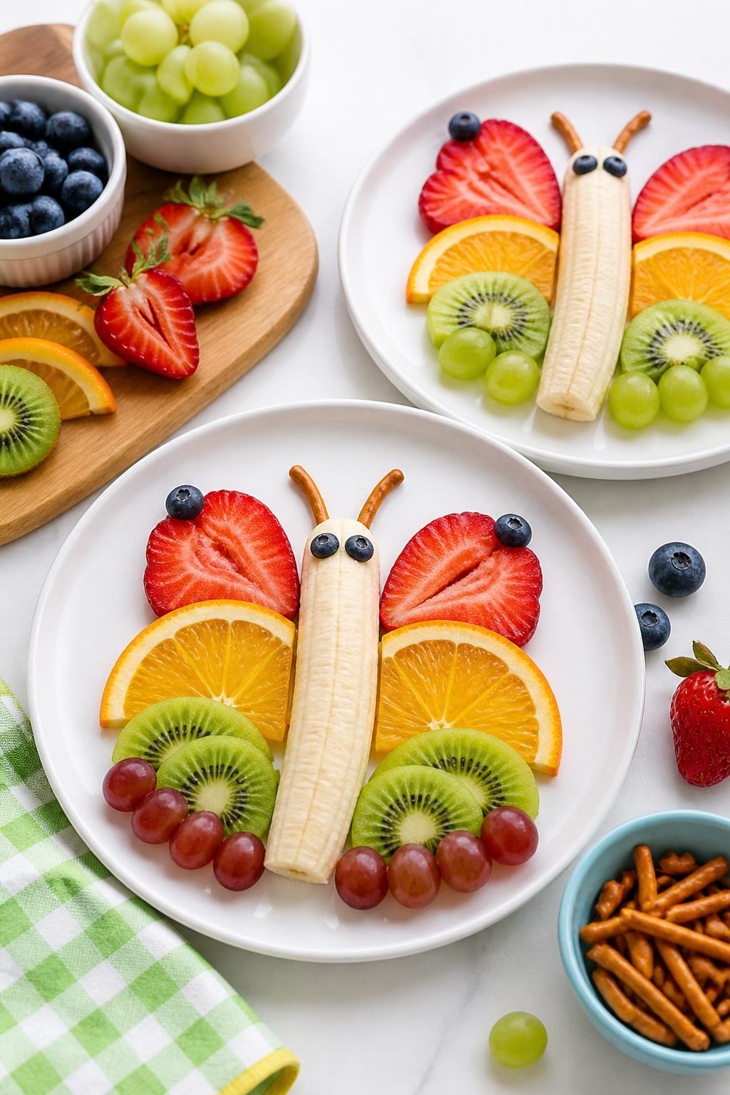 Detailed Image Prompt:
A colorful kids’ summer food craft photo showing fruit butterfly snack plates, banana halves used as butterfly bodies, strawberry slices, orange wedges, kiwi pieces, blueberries, and grapes arranged as wings, small pretzel antennae, white plates on a clean kitchen table, bright natural light, playful healthy snack styling, no people, no faces, no readable text, no watermark on images.