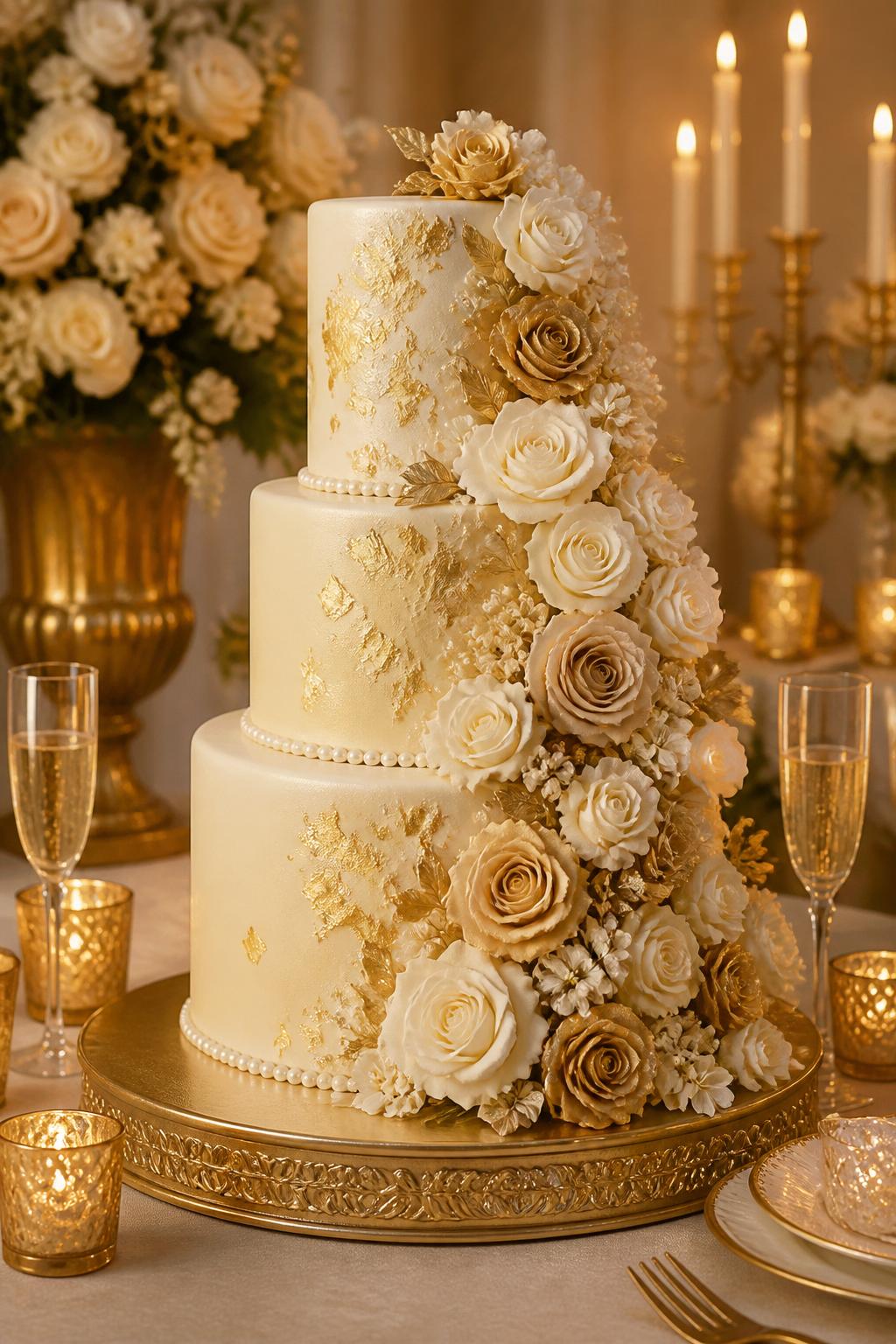 Image Prompt: A grand golden wedding anniversary cake with three ivory tiers, a cascade of cream, white, and soft gold flowers flowing down one side, edible gold leaf accents, and pearl borders. Style it on a luxury dessert table with candles, champagne glasses, and warm neutral floral decor. Make it romantic, grand, and realistic, no people, no faces, no text overlay, no watermark. (no watermarks on images)