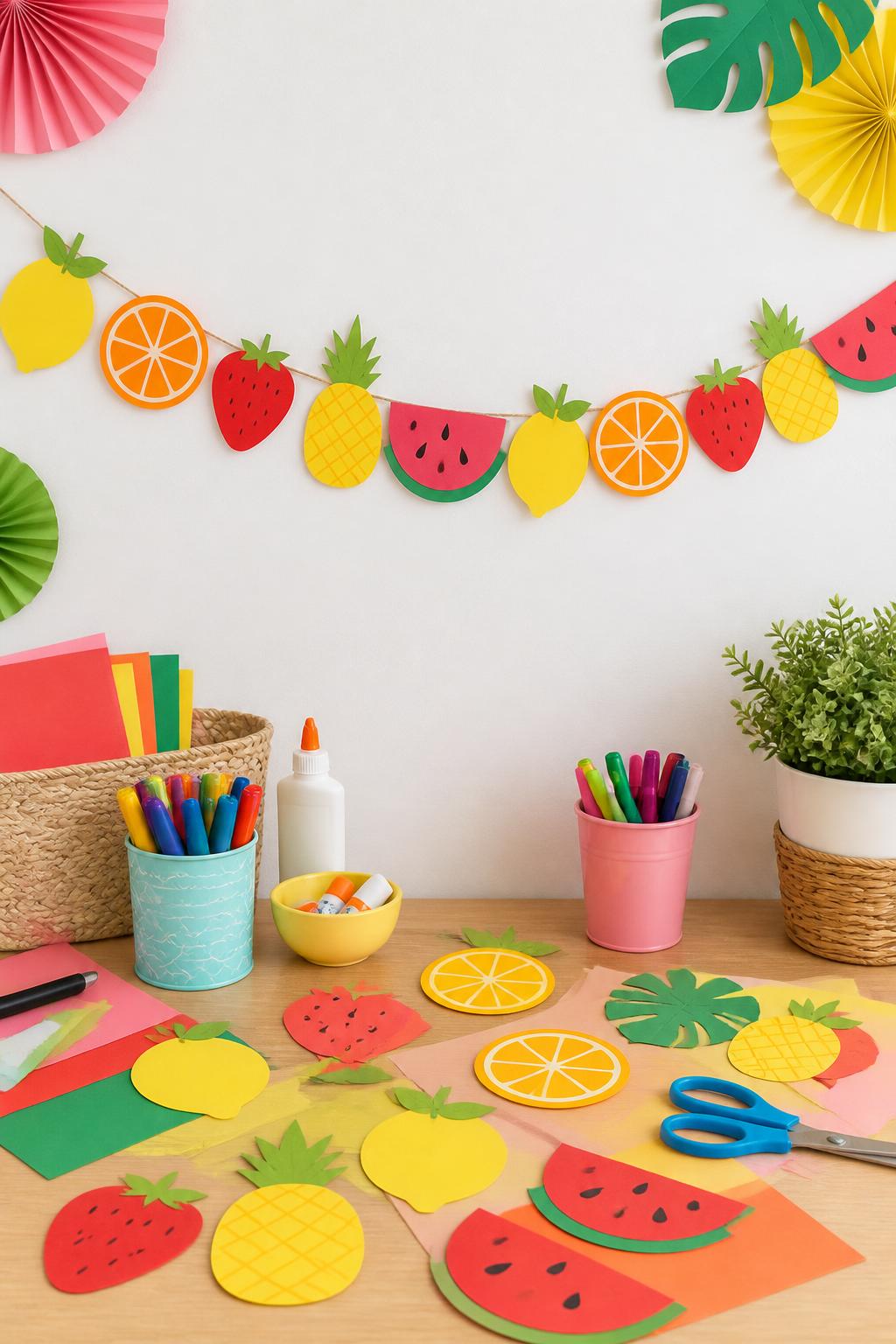 Detailed Image Prompt:
A bright craft table scene showing a handmade summer fruit paper garland with lemons, oranges, strawberries, pineapples, and watermelon slices cut from construction paper, strung across a white wall above a kids’ craft table, extra paper fruit pieces, glue, scissors, and markers below, colorful summer party feel, clean editorial image, no faces, no text, no watermark on images.