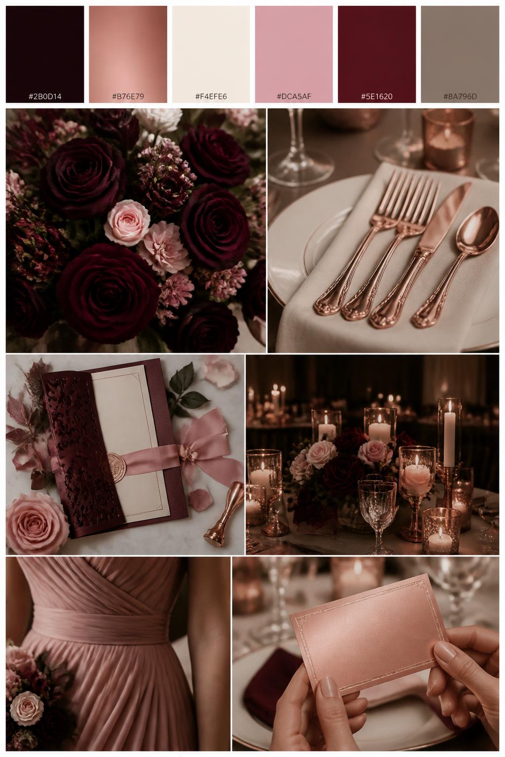 A realistic dark romantic wedding palette board with a top strip of hex-coded swatches in black cherry, rose gold, cream, dusty pink, deep burgundy, and warm taupe. Below, create a polished collage with black cherry roses, rose gold flatware, cream linens, soft pink floral details, candlelit reception decor, romantic invitation styling, a no-face close-up of bridesmaid dress fabric, and hands holding a rose gold place card. Keep the mood cute, rich, elegant, and softly dramatic with DSLR realism. 9:16 vertical format. No visible faces, no extra text except small hex codes. (no watermarks on images)