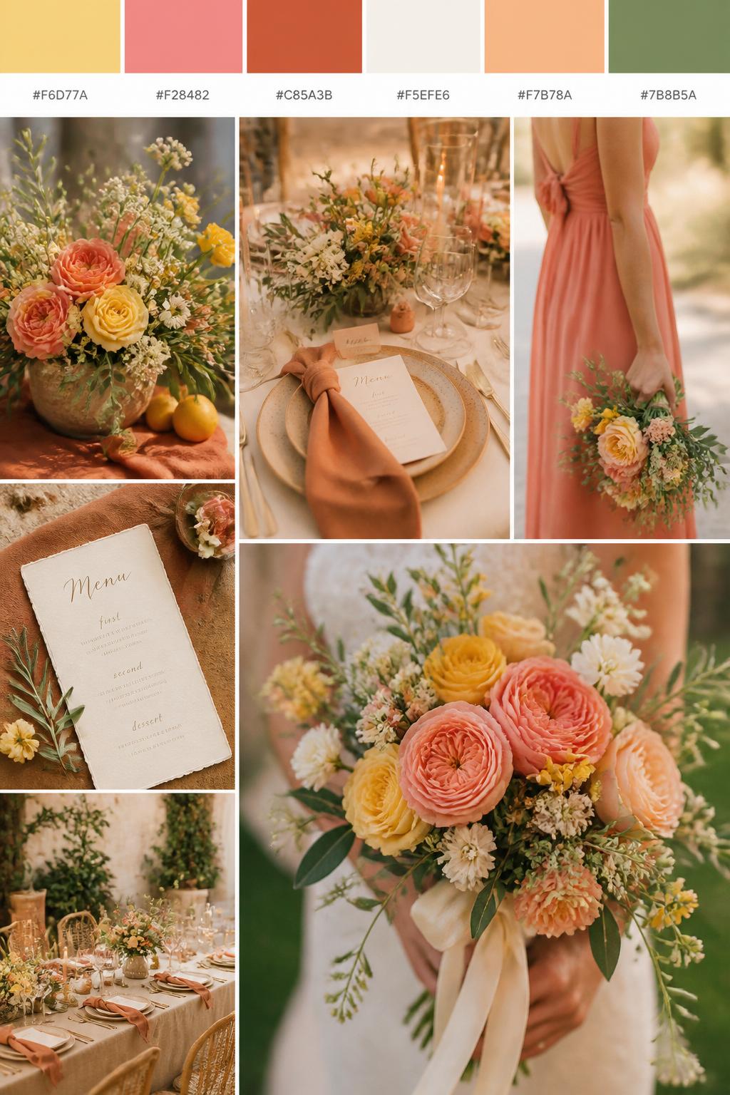 A realistic wedding mood board in a Pinterest-style collage layout. Add a top strip of swatches with small hex codes in soft yellow, coral, terracotta, cream, warm peach, and olive green. Below, create a cheerful romantic collage with yellow and coral flowers, terracotta details, cream table decor, menu cards, bouquet close-ups, a side-view body detail of a bridesmaid dress with no face shown, hands holding flowers, and no-people reception styling under soft golden light. Avoid clear faces completely by using cropped, turned-away, or detail-only compositions. DSLR-style realism, 9:16 vertical format. (no watermarks on images)