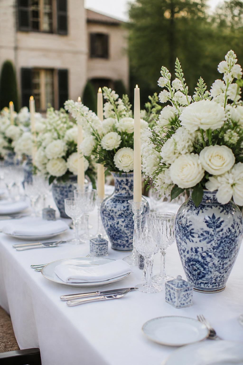 Image Prompt:
A chic old money wedding table styled with blue and white porcelain vases, white flowers, crisp white linen, silver flatware, crystal glasses, white plates, ivory taper candles, and soft garden estate lighting. No visible faces, no full people, no text, no watermark, realistic DSLR editorial wedding photography, (no watermarks on images)