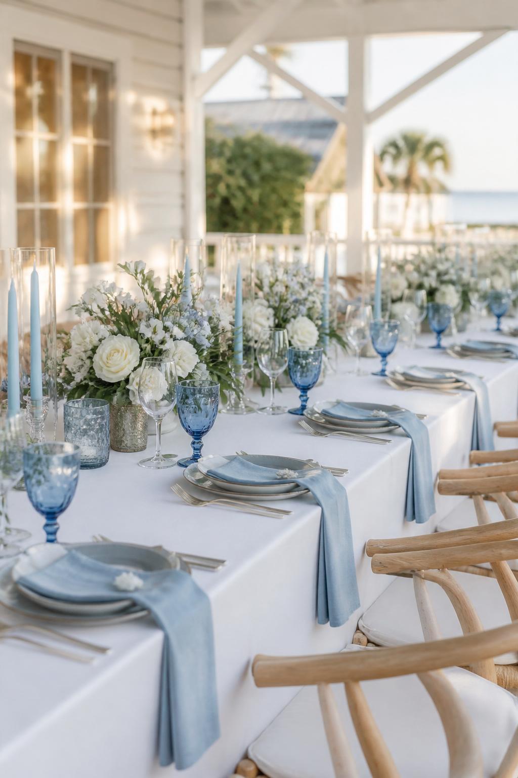 Image Prompt:
A fresh coastal wedding reception photo showing a long table with white linen, soft blue napkins, blue glassware, white flowers, pale blue taper candles, light wood chairs, and natural sunlight. Airy seaside or beach house reception setting, no visible faces, no full people, no text, no watermark, realistic editorial wedding photography, (no watermarks on images)