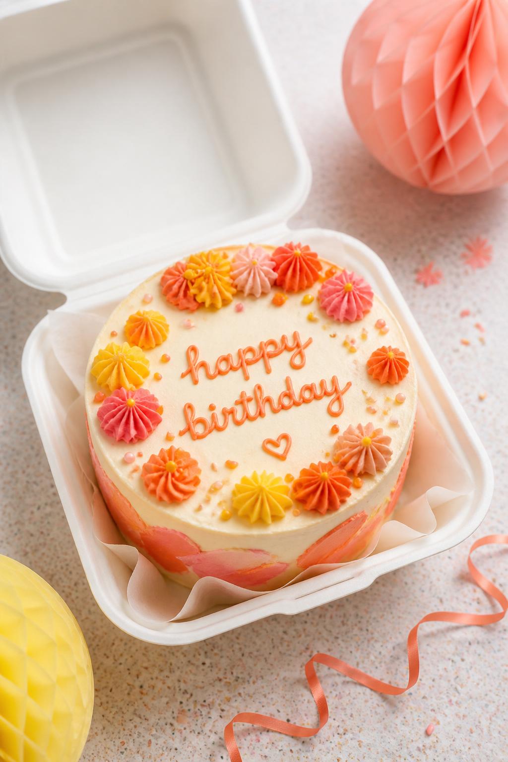 Image Prompt:
A playful bento birthday cake with bright coral, yellow, and pink frosting accents, smooth base frosting, modern colorful piped details, simple happy birthday text, open white bento cake box, fun celebratory styling, clean bright backdrop, realistic editorial dessert photography, no people, no hands, no faces, no watermarks on images