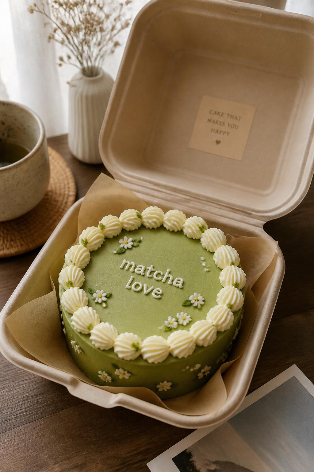 Image Prompt:
A lovely matcha inspired bento cake inside an open kraft bento cake box, smooth matcha green frosting, cream piped border, tiny white flower details, short icing text reading “matcha love,” cozy cafe-style dessert setup, warm natural light, realistic bakery photography, no people, no hands, no faces, no watermarks on images