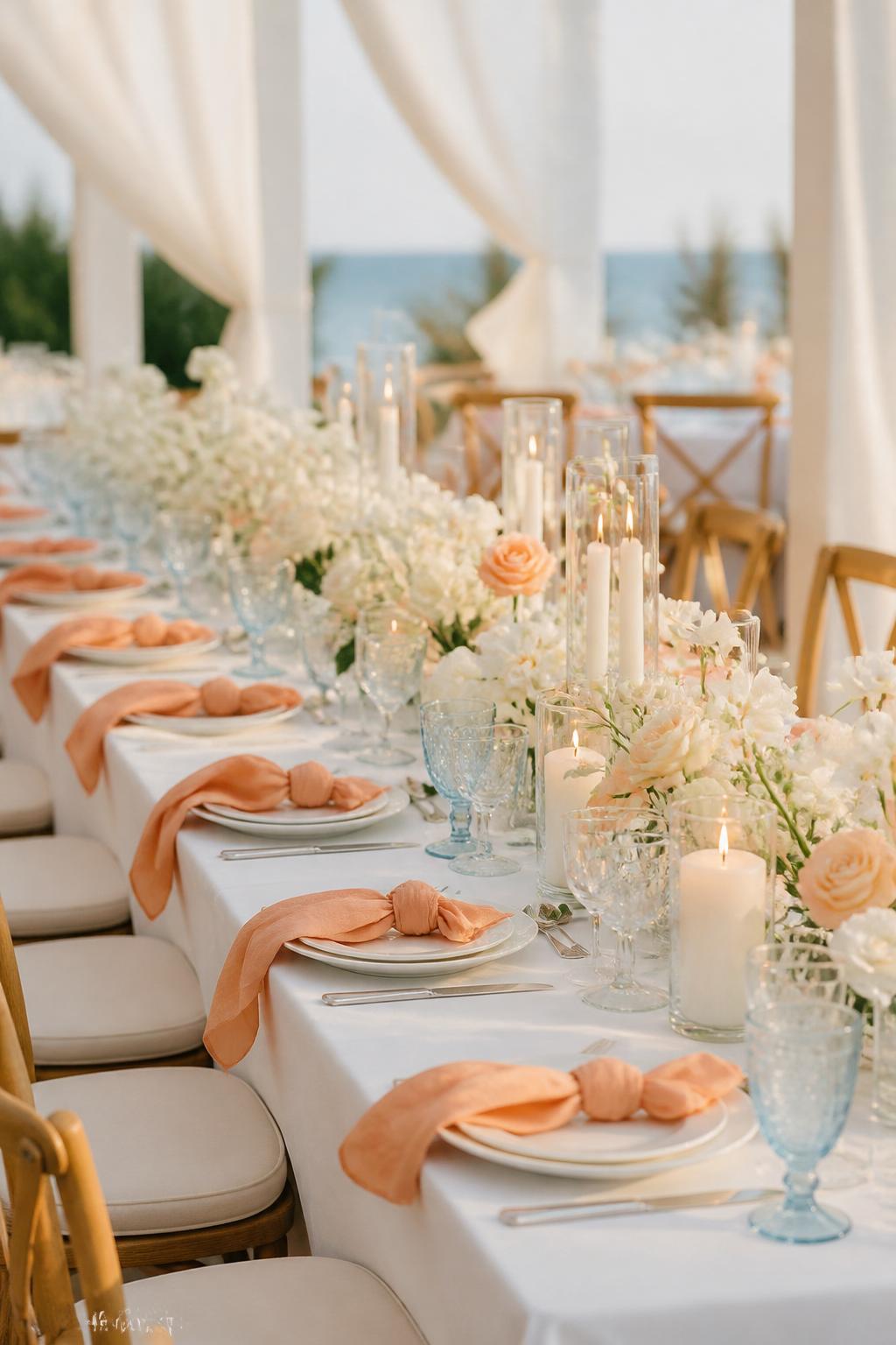 Image Prompt:
A fresh wedding table photo showing soft orange napkins, white flowers, light wood chairs, white plates, clear or pale blue glassware, ivory candles, and natural sunlight. Airy seaside or outdoor reception setting, no visible faces, no full people, no text, no watermark, realistic editorial wedding photography, (no watermarks on images)