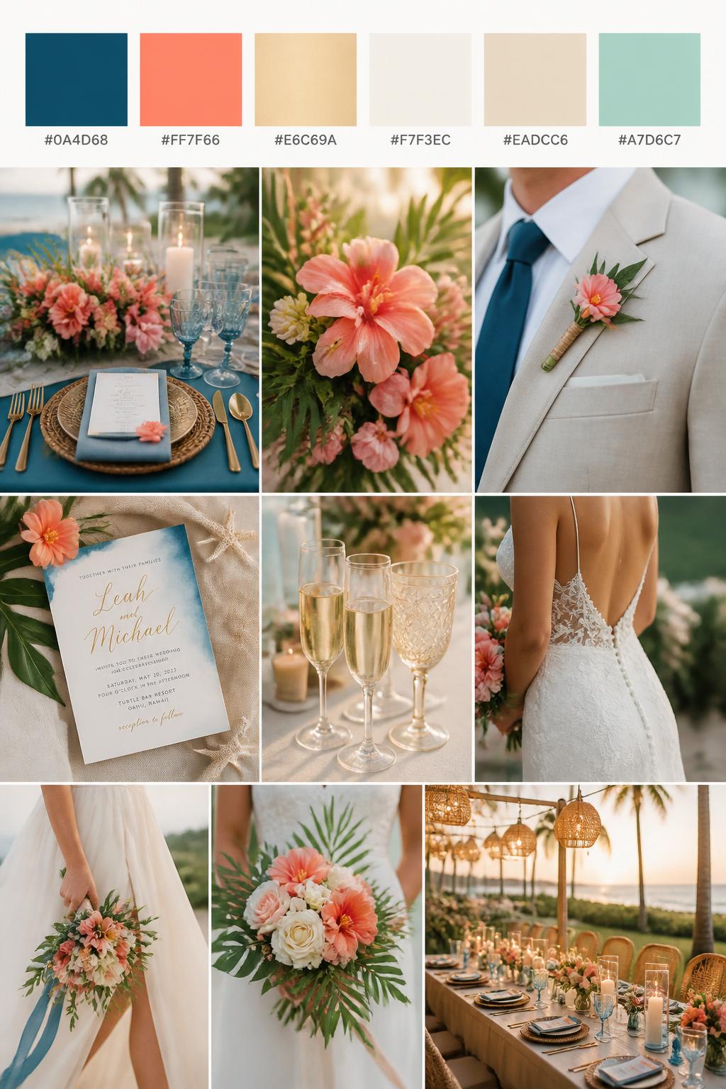 Image Prompt:
A realistic tropical wedding palette board with a top row of color swatches and hex codes in ocean blue, coral, champagne, ivory, soft sand, and seafoam. Below, show a polished collage of blue table details, coral flowers, champagne-toned glassware, elegant stationery, a groom suit detail with boutonniere and no visible face, cropped dress shots, bouquet styling in hands-only composition, and a romantic reception table. Use no full faces, with side crops, back views, and no-people decor shots for variety. The mood should feel fresh, romantic, and tropical with true-to-life DSLR quality. 9:16 vertical format. (no watermarks on images)