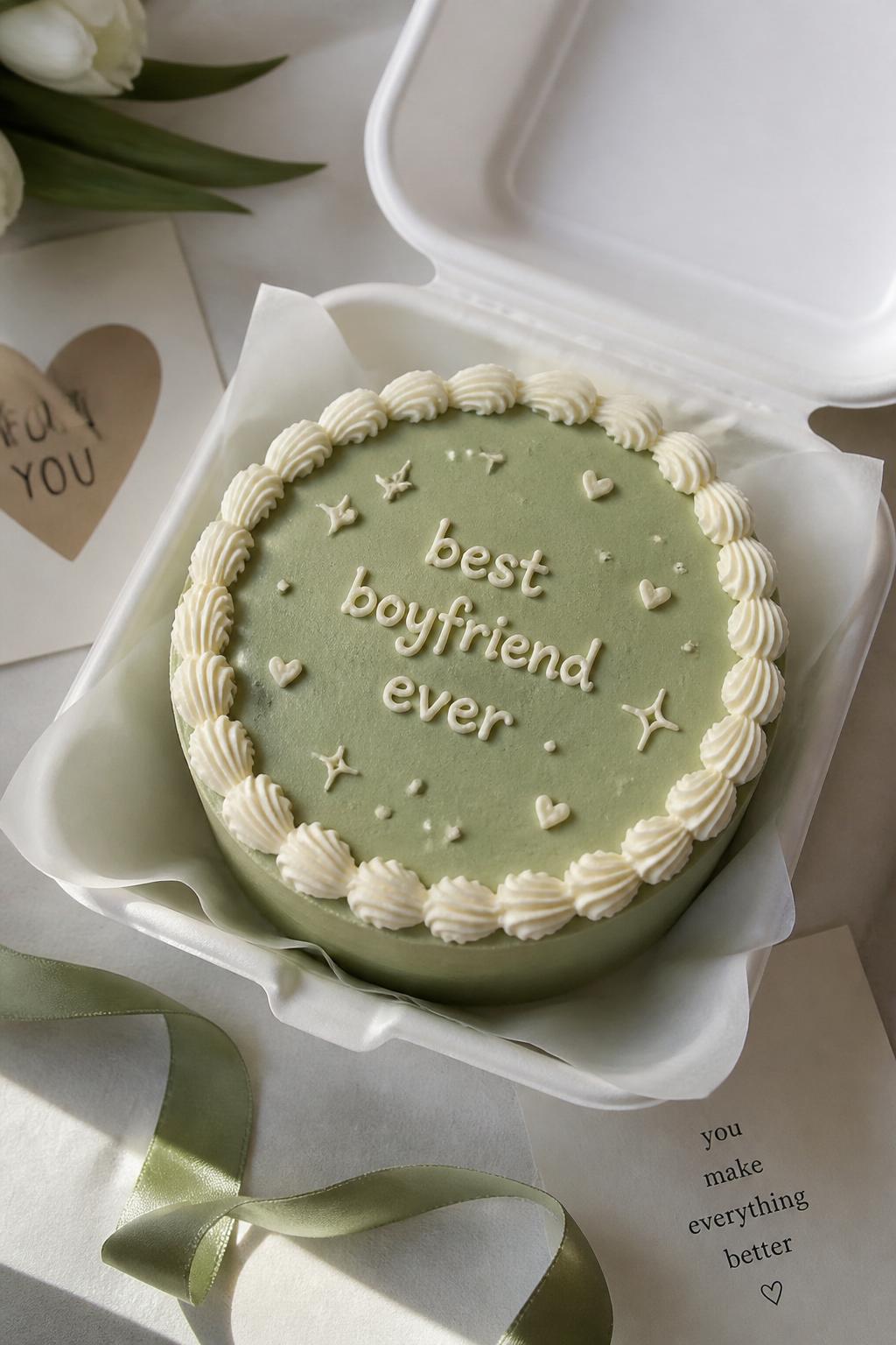 Image Prompt:
A cute bento cake for boyfriend with smooth pale green frosting, white piped shell border, handwritten icing text reading “best boyfriend ever,” tiny cream hearts and star details, placed inside a white open bento box, soft natural light, simple gift table styling with ribbon and card nearby, realistic bakery style photography, no people, no hands, no faces, no watermarks on images