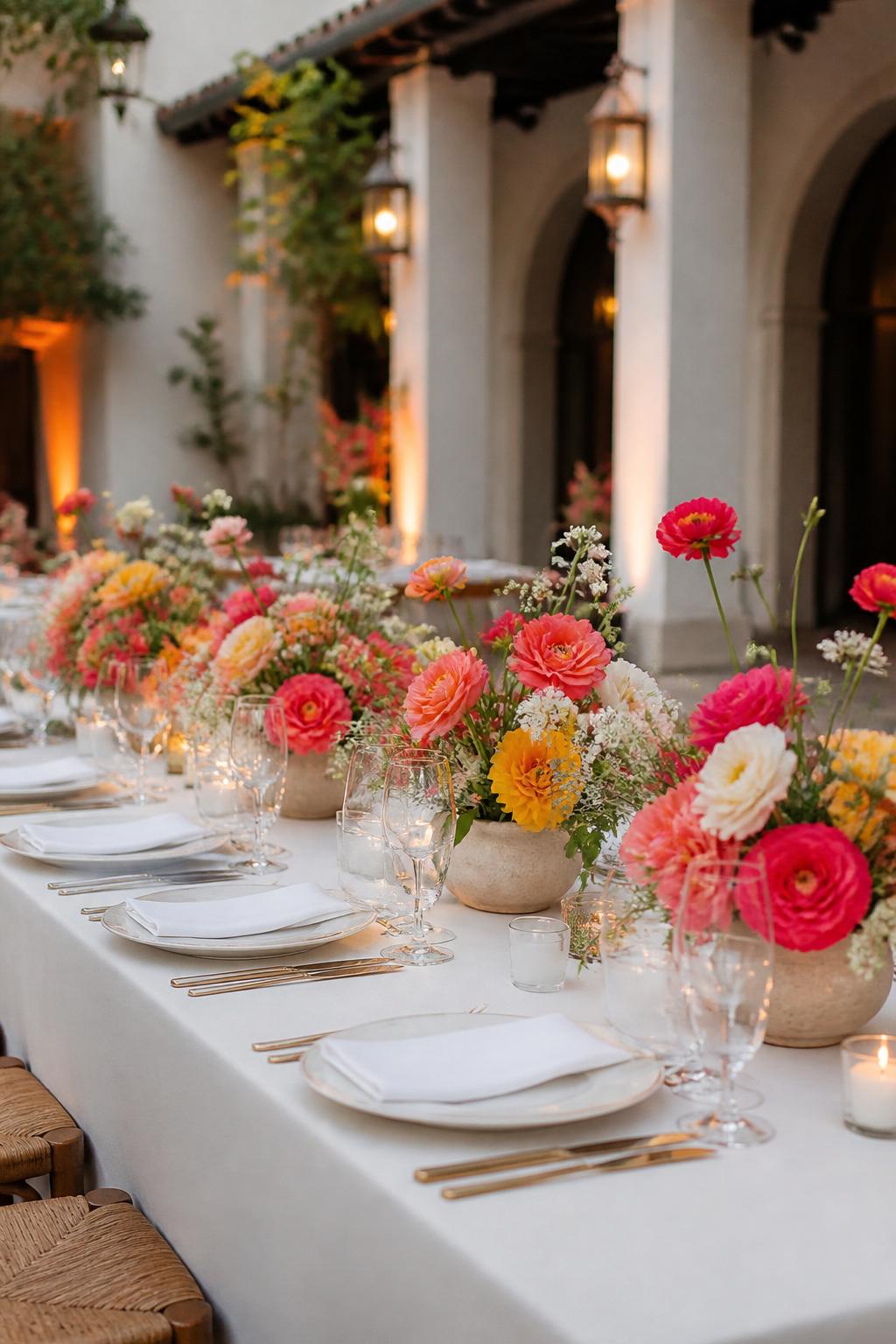 Image Prompt:
A high-end editorial wedding table photo showing a long reception table with simple white linens and several colorful floral clusters in pink, red, orange, yellow, and white arranged in low ceramic vases. Add white plates, gold flatware, clear glassware, small candles, and a modern hacienda-style reception background. No visible faces, no text, no watermark, realistic DSLR wedding photography.