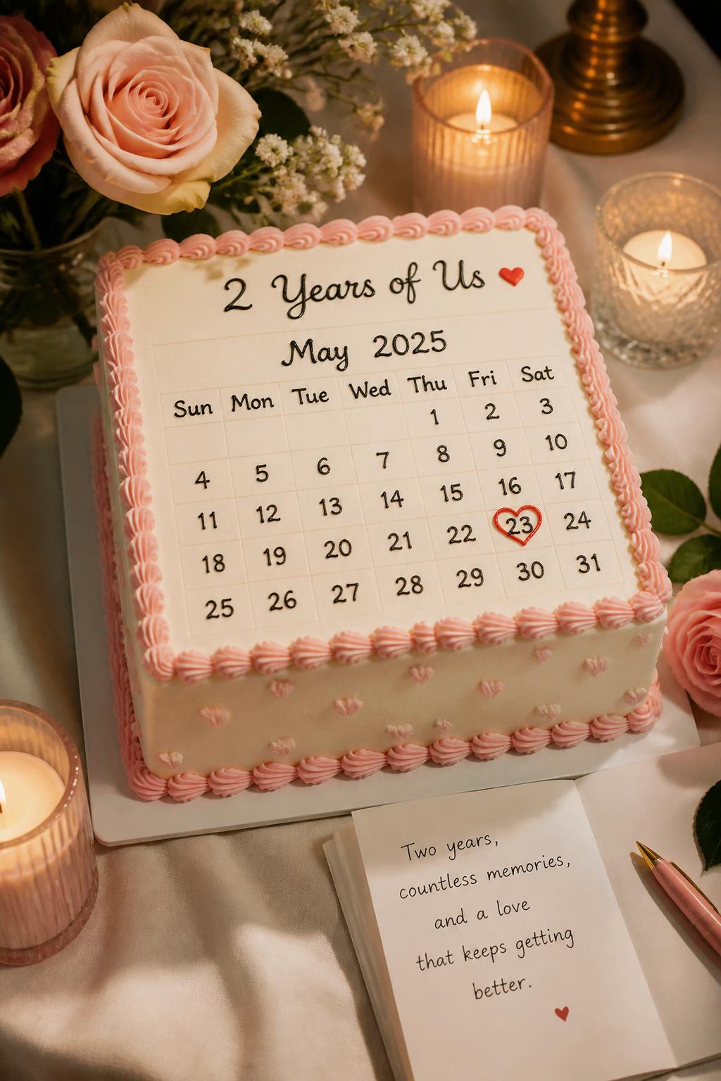 Image Prompt: A personalized 2 year anniversary cake designed like a tiny calendar page, with smooth white buttercream, a neat piped calendar grid, the anniversary date marked with a small red heart, and soft pink borders. Style it on a romantic table with candles, flowers, and a folded love note. Make it realistic, thoughtful, and editorial, no people, no faces, no watermark. (no watermarks on images)