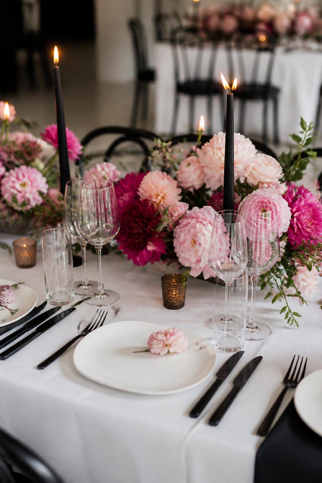 A chic modern wedding table featuring blush and hot pink flowers, matte black flatware, black taper candles, white plates, clear glassware, and crisp white linen. Stylish indoor reception setting, no visible faces, no text, no watermark, realistic DSLR editorial photography, (no watermarks on images)