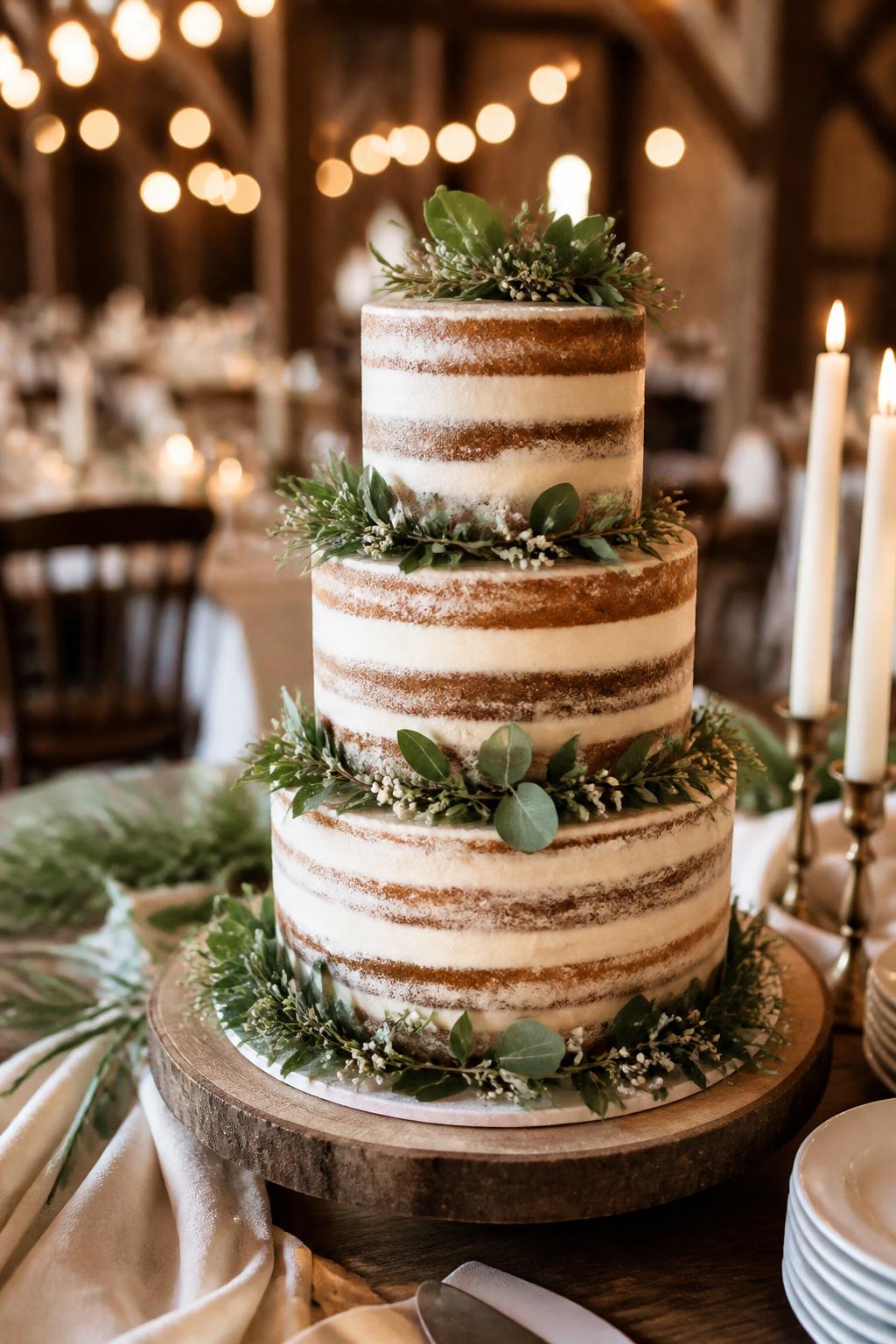 Image Prompt: Ultra-realistic wedding reception photo of a rustic naked wedding cake with exposed sponge layers, light buttercream filling, and fresh greenery wrapped softly around each tier. Use eucalyptus, olive leaves, and small white flowers for a natural wedding finish. Place the cake on a wooden cake stand at a rustic wedding party scene with farmhouse tables, candles, linen napkins, warm string lights, and soft blurred background decor. No visible faces. If people appear, show only back views, cropped torsos, or hands near the dessert table. Realistic cake crumb texture, natural greenery, warm DSLR wedding photography. (no watermarks on images)